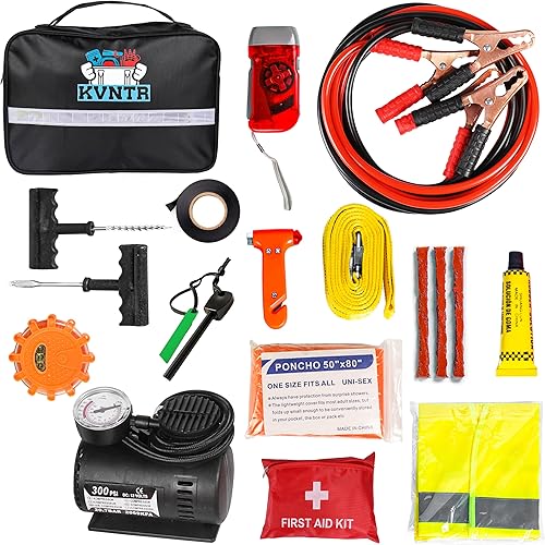 Roadside Emergency Car Kit – Emergency Car Kit with Jumper Cables, LED Flares, Tire Inflator, First Aid Kit, Tow Strap & More – Complete Vehicle Safety Kit for Roadside Emergencies