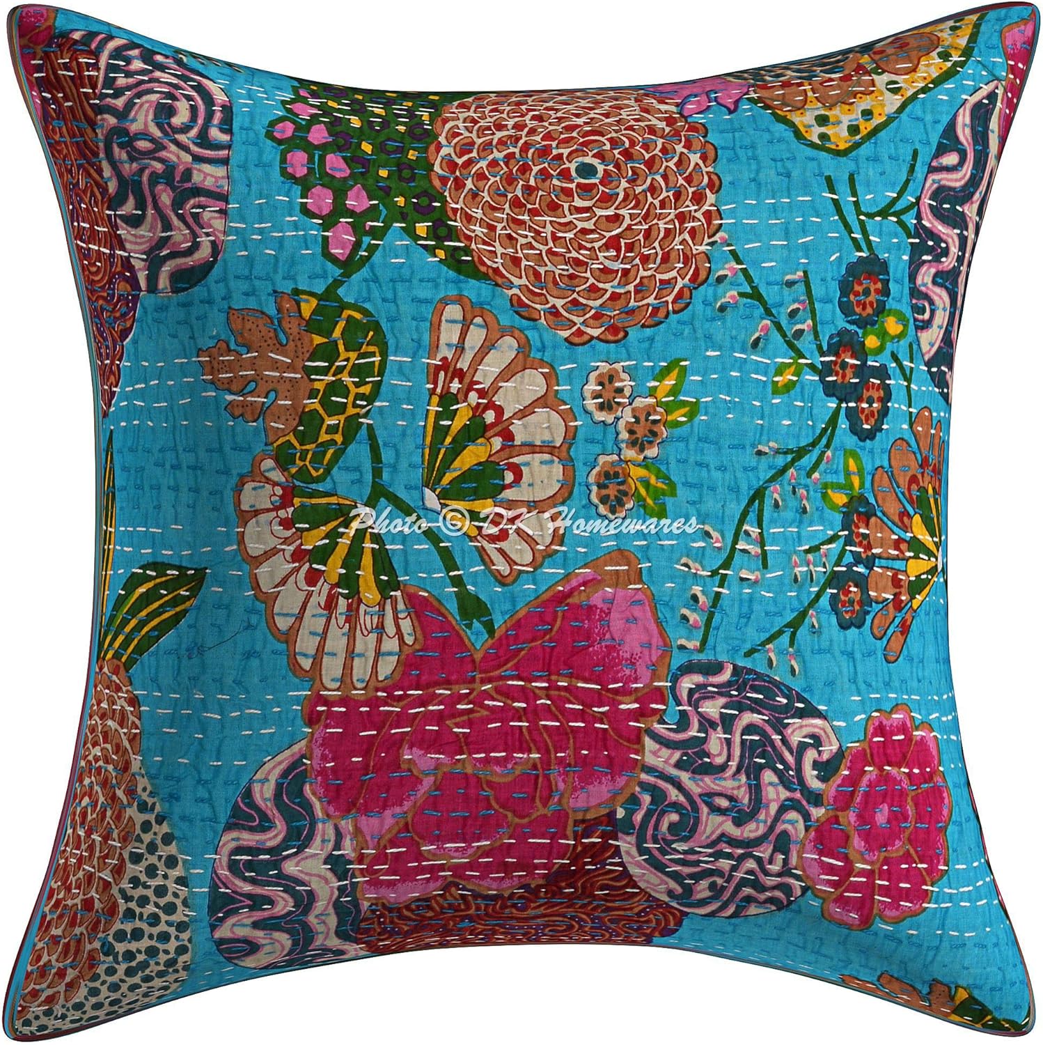 Bohemian Decorative Toss Throw Pillowcases 16 x 16 Inch Cotton Kantha Tropicana Indian Square Accent Cushion Covers (Size - 40x40 cm ; Color: Turquoise) - Set of 4 Pcs (Cover Only)