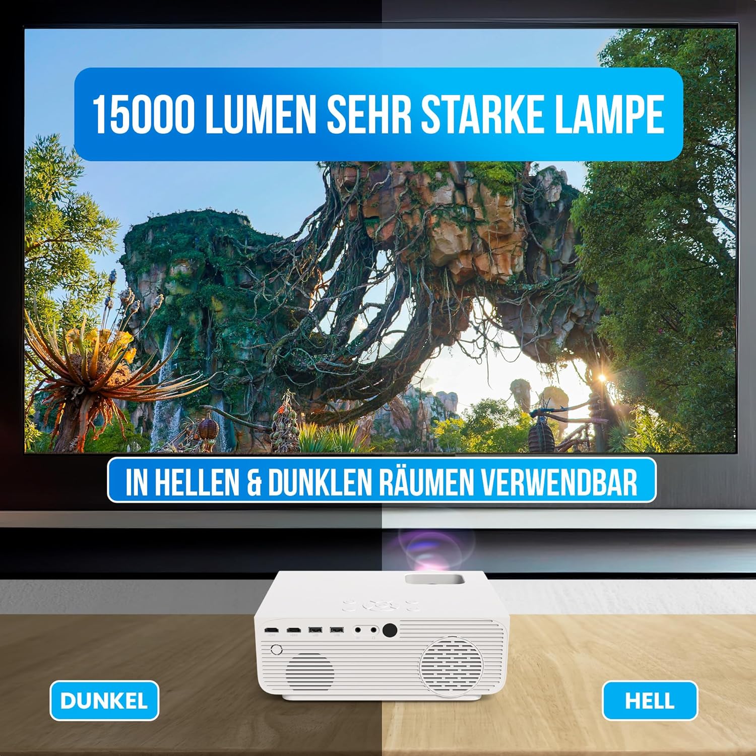 Comparison of projector brightness in a dark room versus a bright room, demonstrating 15000 lumens output.