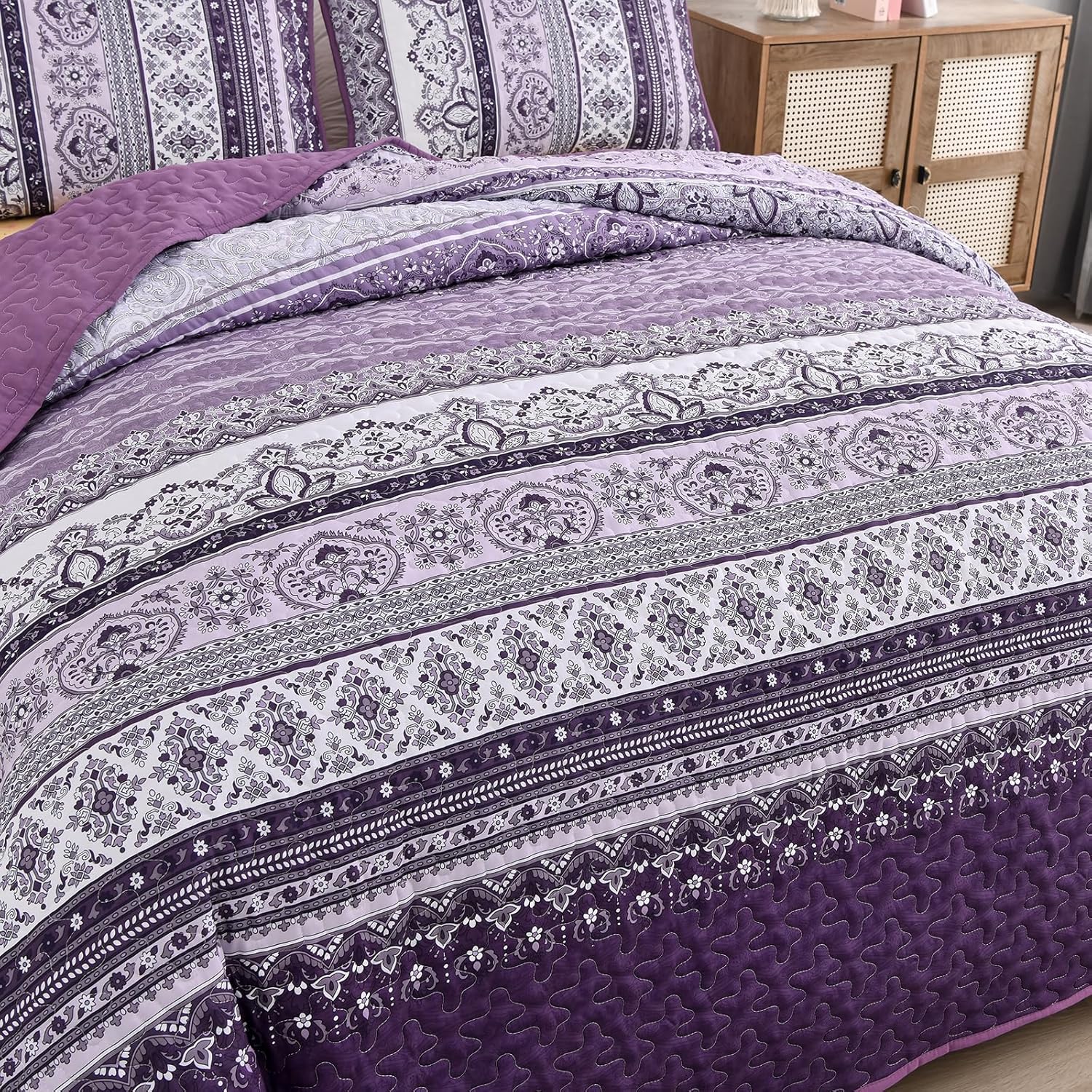 WONGS BEDDING Boho Quilt Set Queen Size, Bohemian Purple 3 Pieces Quilts Bedspread Set Stripe Lightweight Microfiber All Season Bedding Coverlet Set for Queen Bed (96"x90") - Image 8