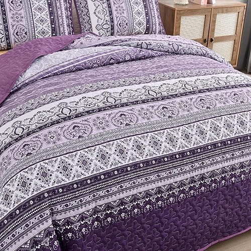 Vista 40 de WONGS BEDDING Juego de edredón bohemio tamaño Queen Aqua, juego de colcha de 3 piezas a rayas, de microfibra ligera y suave bohemia para todas