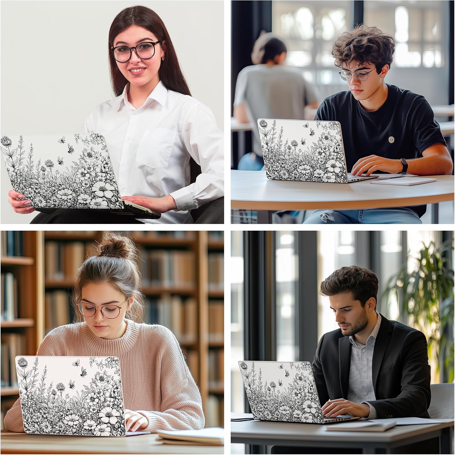 Laptop Skin Decal HP 14" - Black White Botanical, Laptop Cover Sticker, No Cutting Required, No Bubble, Waterproof, Scratch Resistant - Including Wide Screen and Wrist Pad