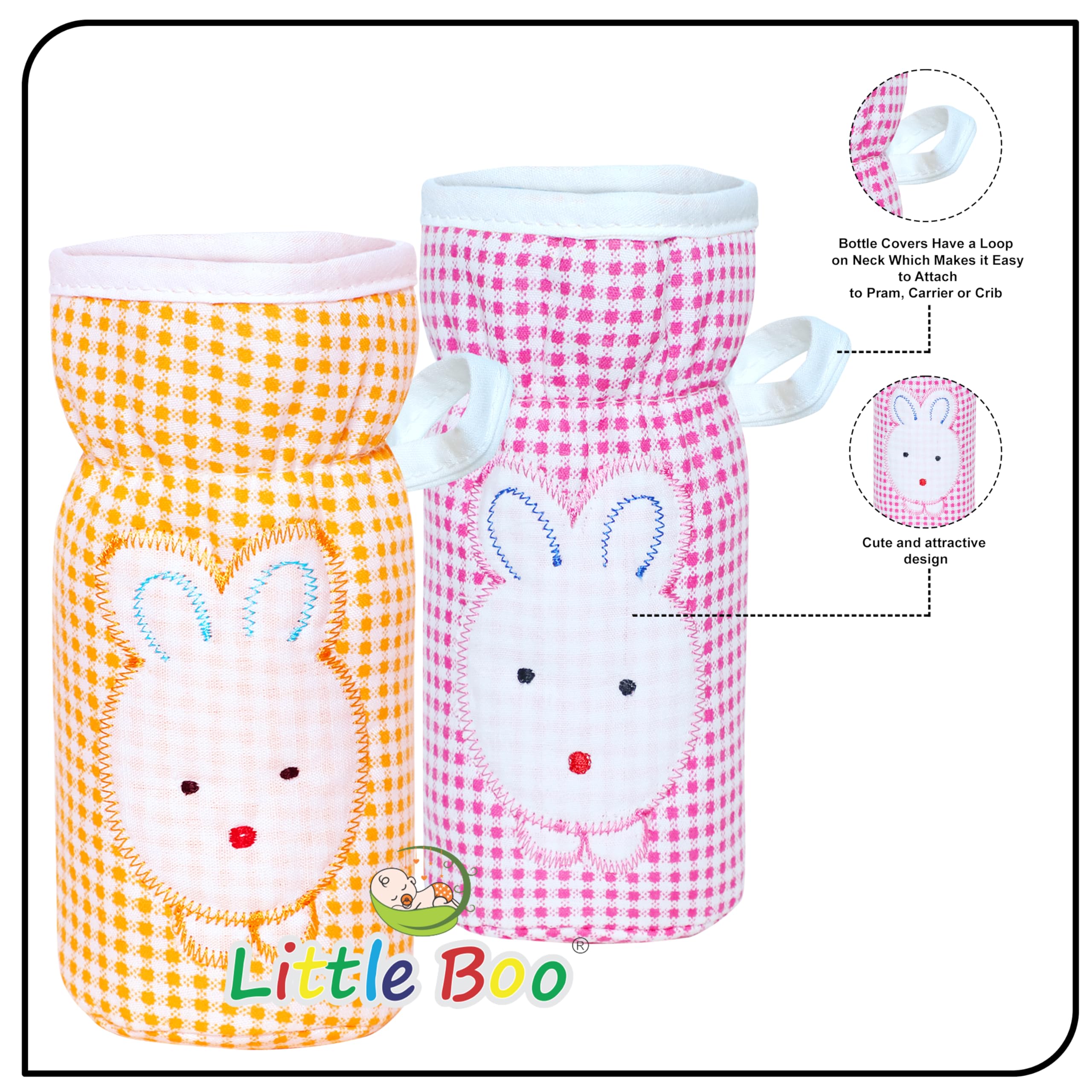 Little Boo Soft Plush Stretchable Baby Feeding Bottle Cover with Easy to Hold Strap | Check Design Cotton Pack of 2 (Pink and Orange,Narrow Neck Fits Upto 150ml) - Image 5 thumbnail