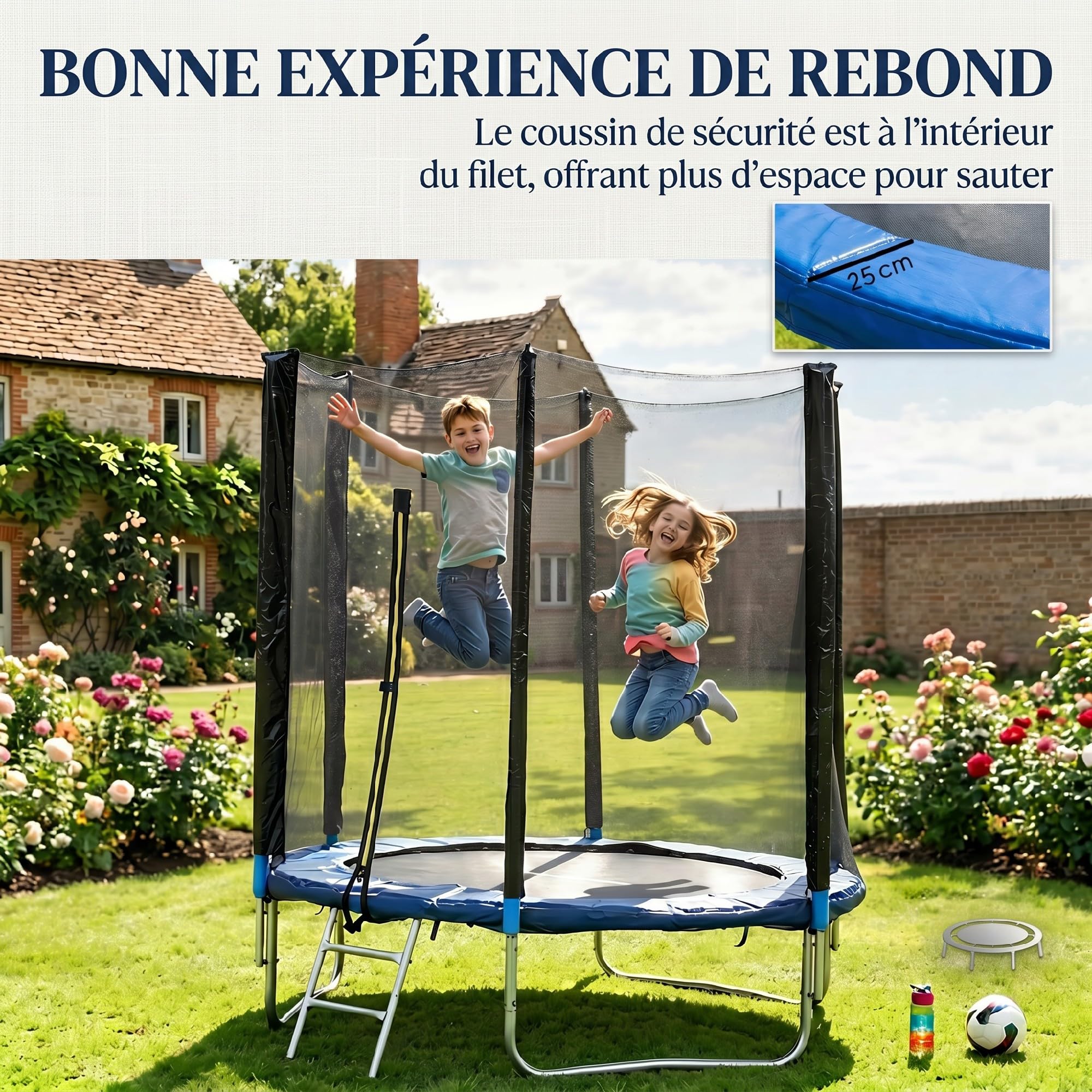 SPORTNOW Trampoline Exterieur Enfant avec Filet Sécurité Échelle Ø 180cm | Poteaux Rembourrés, Trampoline de Jardin, pour Enfants Adolescents et Adultes