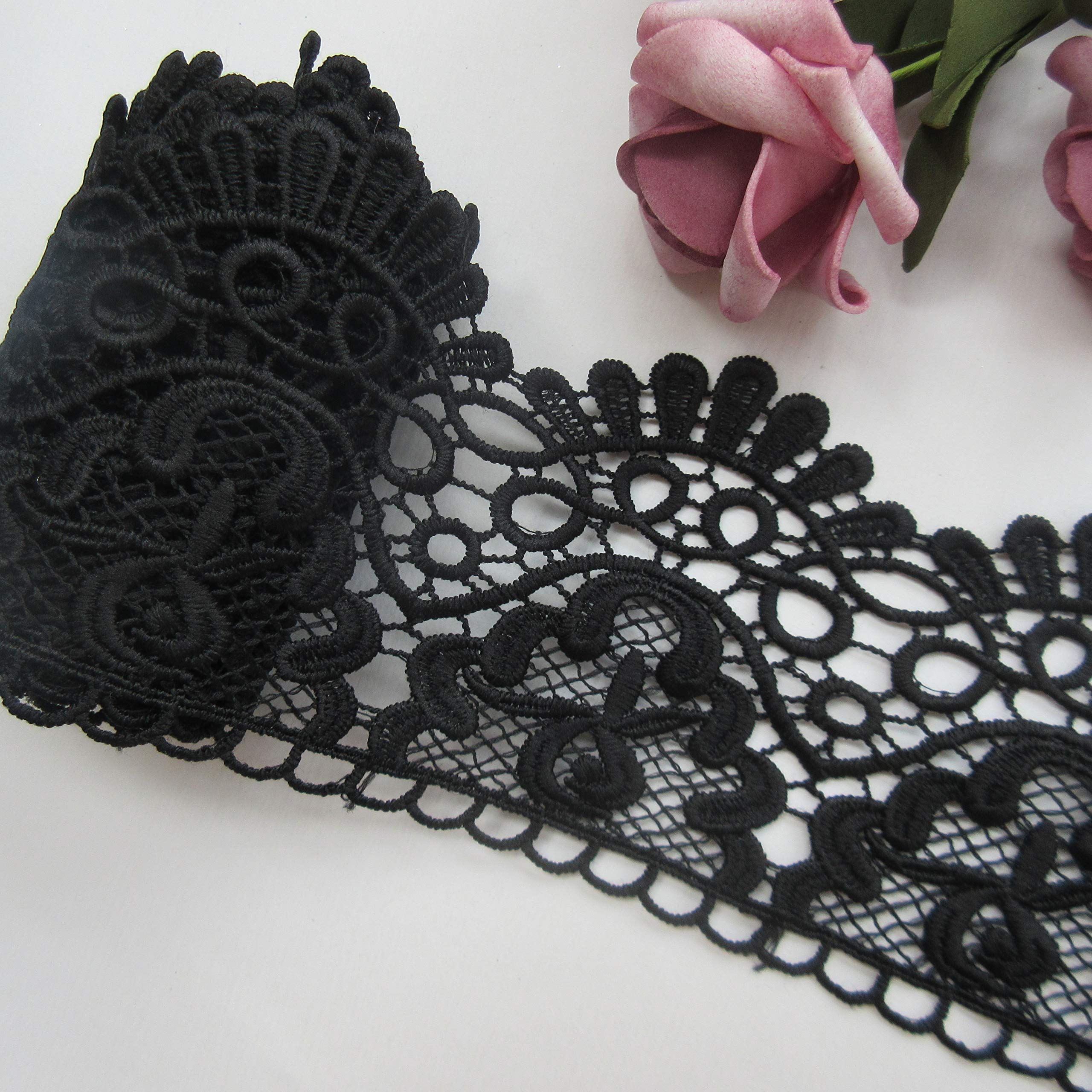 1 Yard Milk Fiber Europe Crown Pattern Floral Lace Edge Trim Ribbon 9cm Wide Vintage Black Edging Trimmings Fabric Embroidered Applique Sewing Craft Wedding Bridal Dress DIY Clothes Embellishment