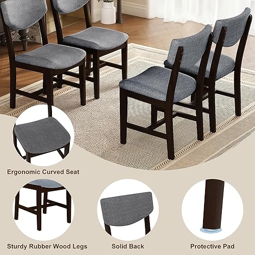 Miniatura 4 de Juego de comedor de madera de 5 piezas, mesa de comedor moderna de mediados de siglo y 4 sillas tapizadas, mesa rectangular con sillas, patas de