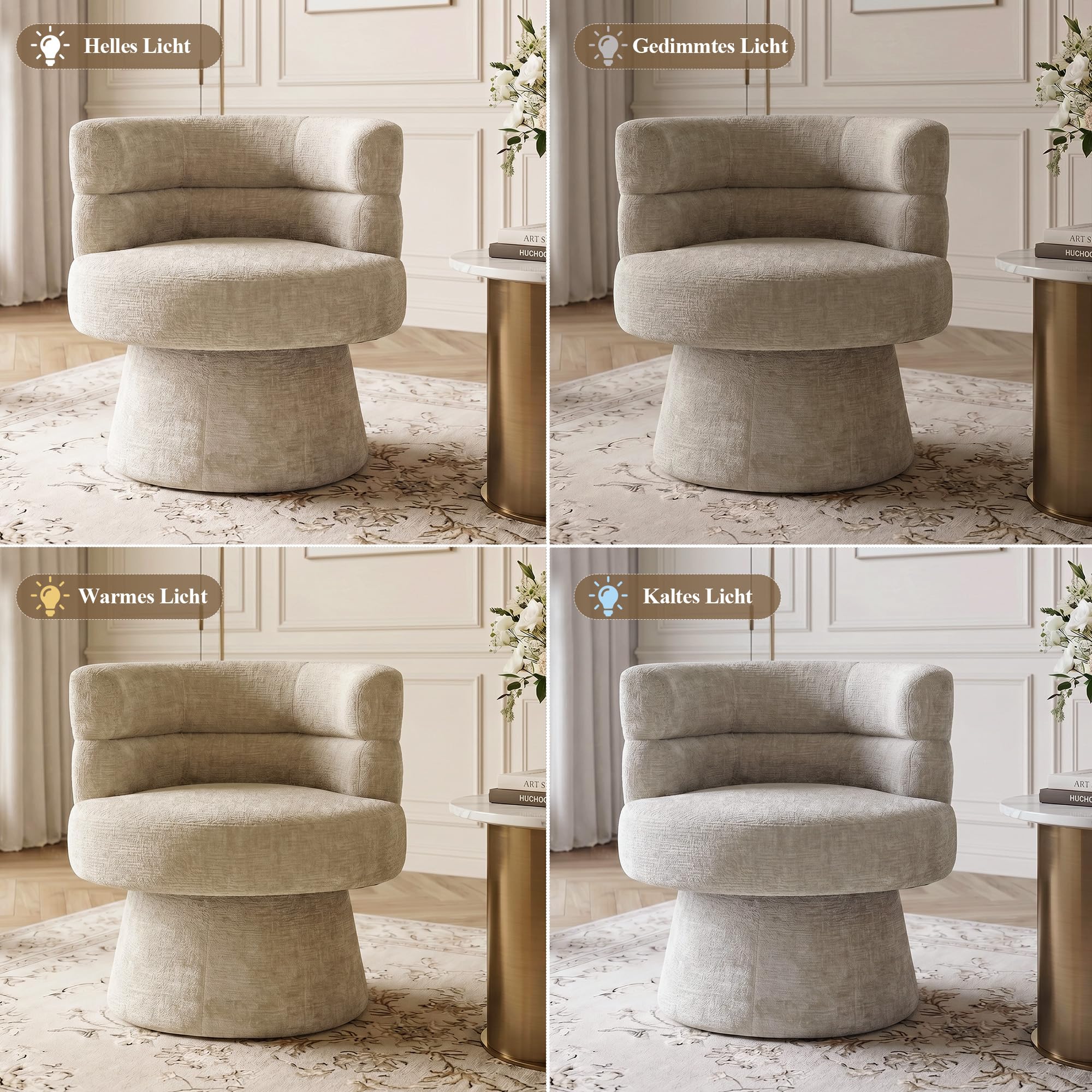 Duhome Loungesessel Wohnzimmer 360° Drehbarer Sessel mit Armlehnen, Relaxsessel aus Chenille Übergroßer Gepolsterter Sitz für Schlafzimmer Büro Lesesaal, Beige