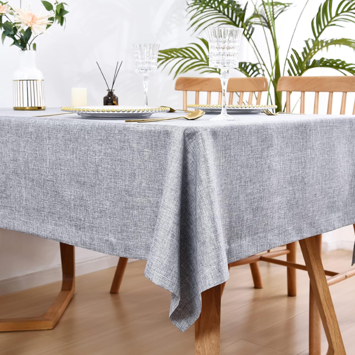 Wolkemer Faux Linen Large Oval Tablecloth Heavy Duty Wrinkle Resistant Fabric Table Cloths 60 x 120 Inch Grey Farmhouse Rustic Table Cover for Kitchen Dining Indoor Outdoor Tabletop Decoration