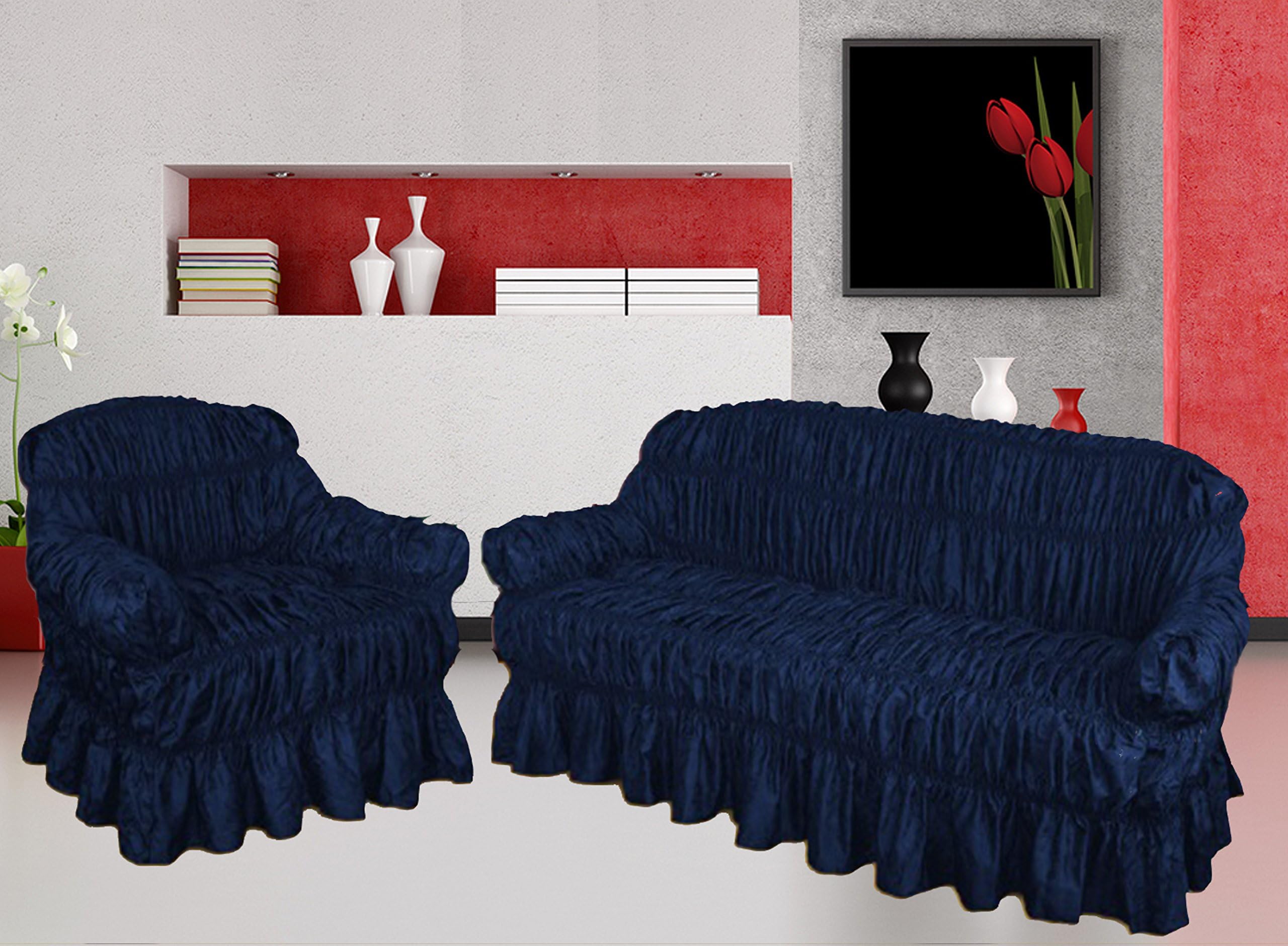 NAKUK HOME COLLECTION Sofa Cover 3 2 1 Seater Jacquard - Universal Elastic Fitting (2 Seater, BLUE)