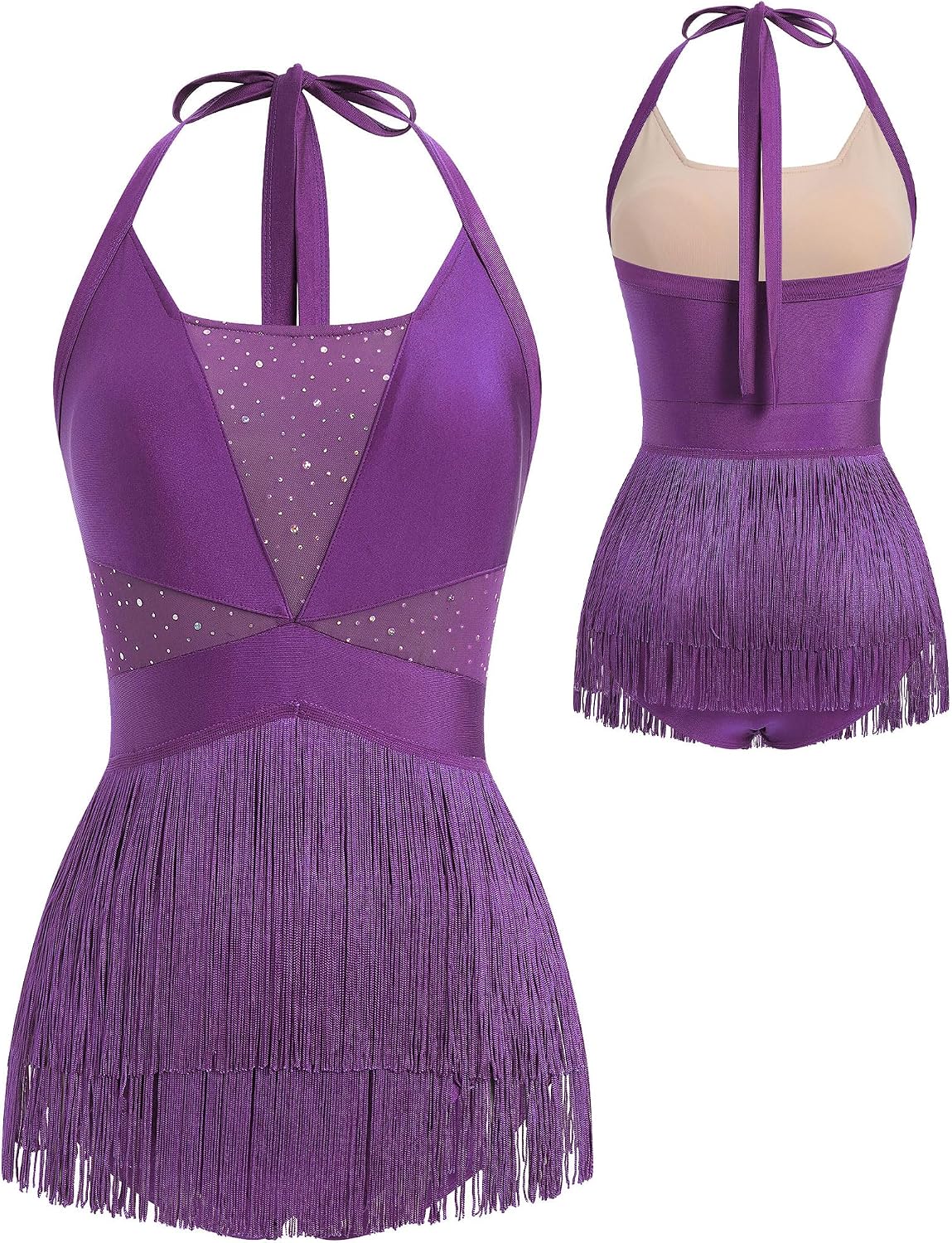 ODASDO Woman Latin Dance Costume Mesh Sequin Bodysuit Sparkly Jumpsuit Halter Neck Tassel Fringe Romper Mini Dress XS-XL