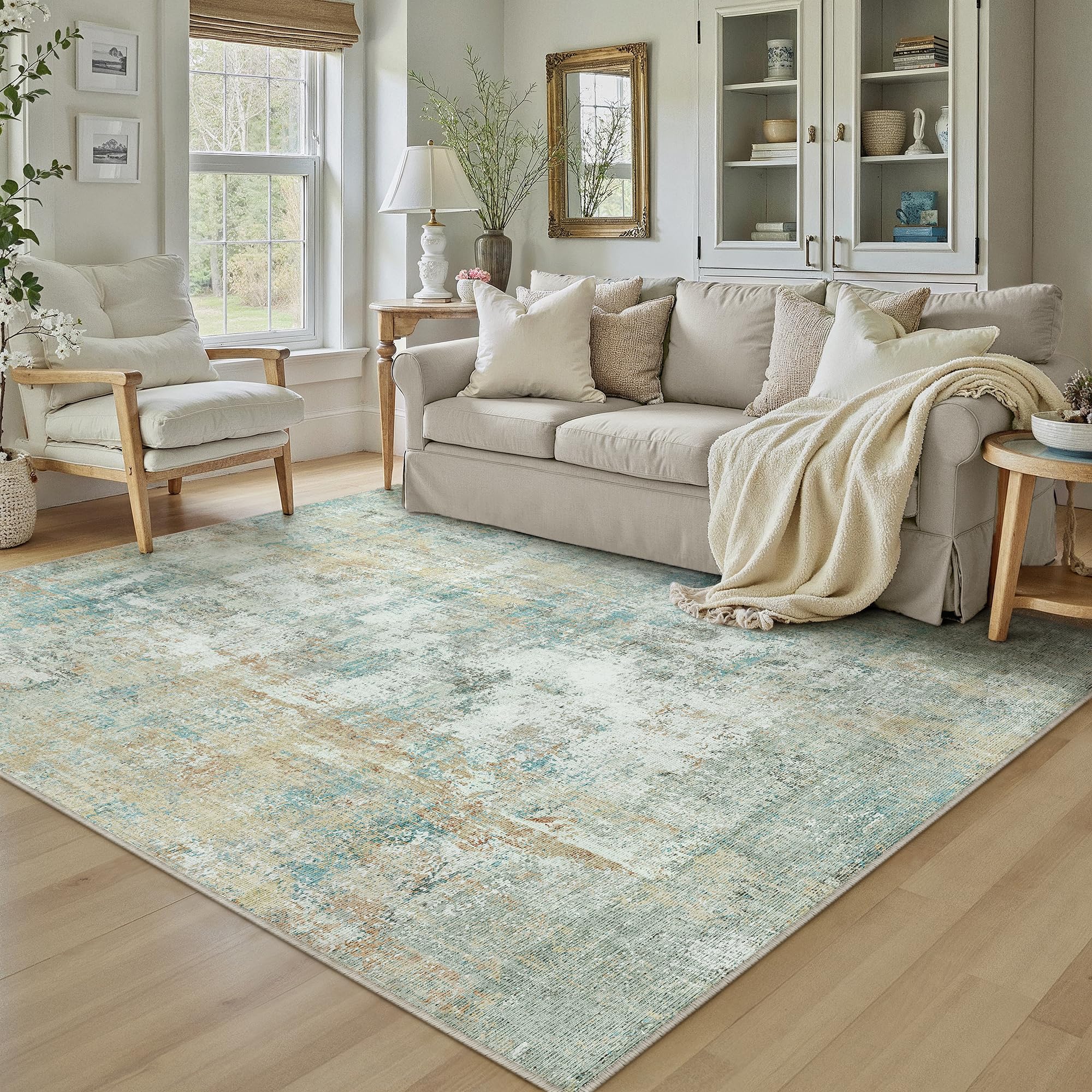 Amazon.com: WondRg 6x9 Washable Area Rug Teal Beige Abstract Non