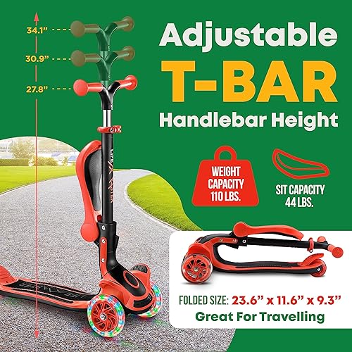 Miniatura 2 de Scooter de 3 ruedas para niños con asiento plegable, altura ajustable del manubrio, juguete de paseo inclinado para conducir para niños a partir de