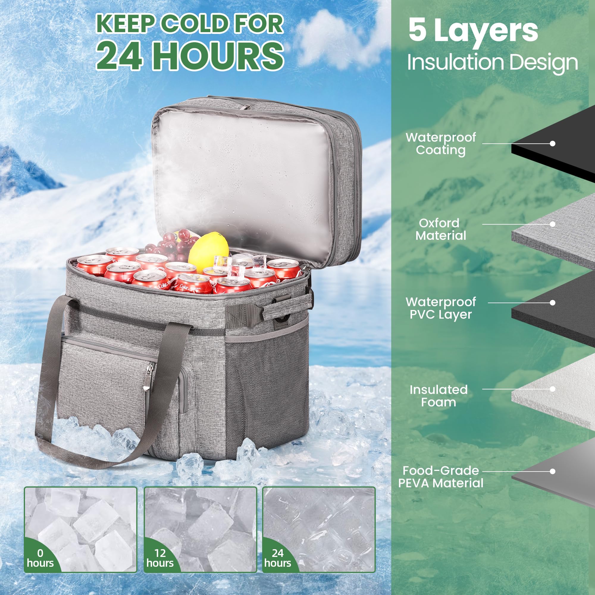Borsa Frigo Doppia Strato Morbida, Borsa Pranzo Isolata Impermeabile Portatile, Contenitore Termico Extra Large Espandibile per Spiaggia, Picnic, Camping, Shopping - MIYCOO-Grigio
