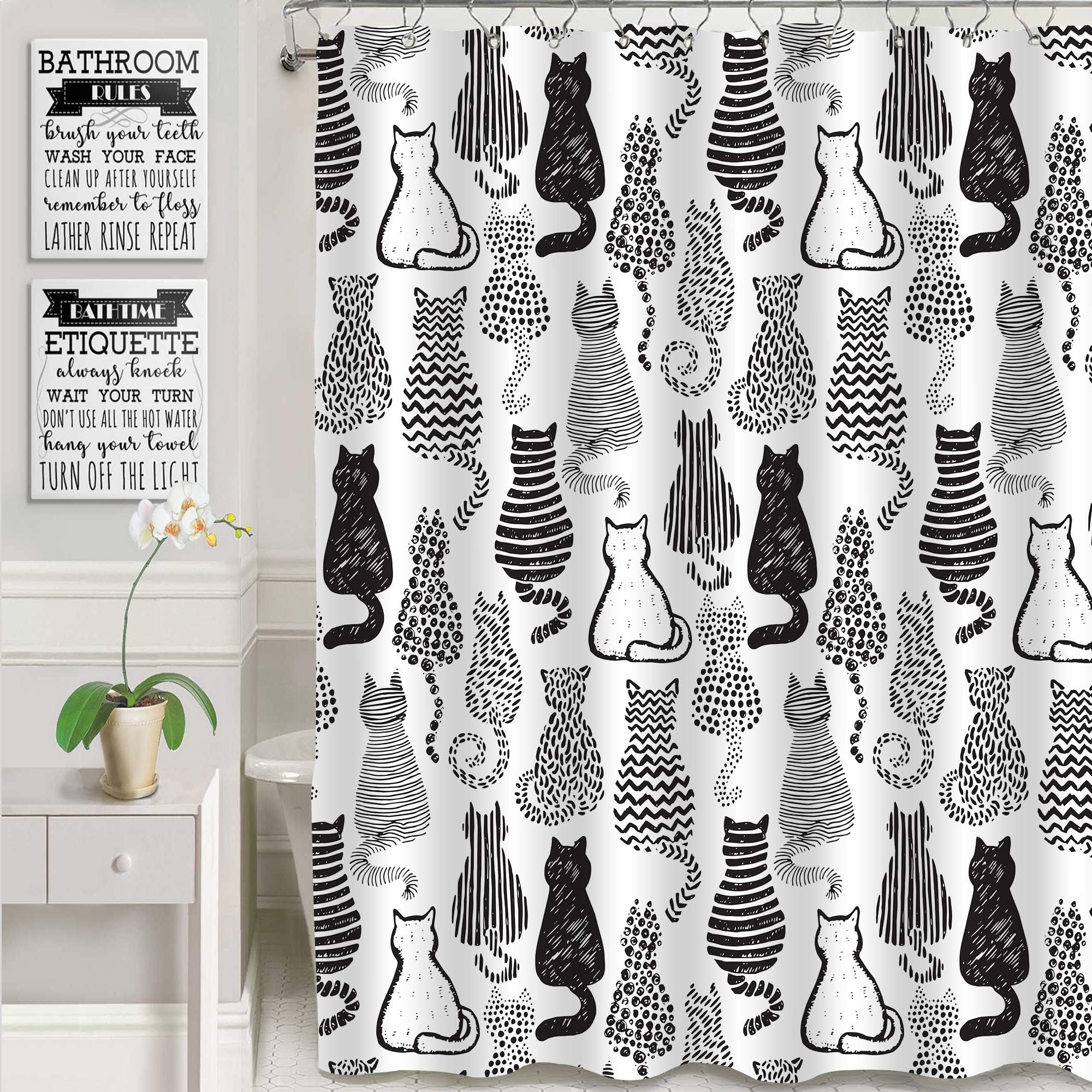 MitoVilla Cat Shower Curtain for Cat Bathroom Decor, Abstract Kitten with Cute Tail Bathroom Accessories, Cat Themed Gifts for Women, Men, Kid Girls and Cat Lovers, Black and White, 72" W x 72" L