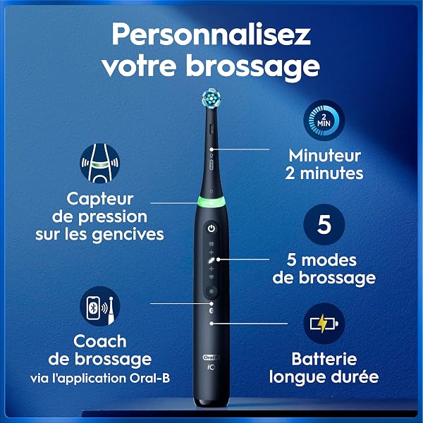 Oral-B iO 5 Electric Toothbrush, 3 Replacement Brushes, Black - 5 Brushing Modes Including Softness and Whiteness, Gum Pressure Sensor and Wear, Rechargeable Battery, Case - 3