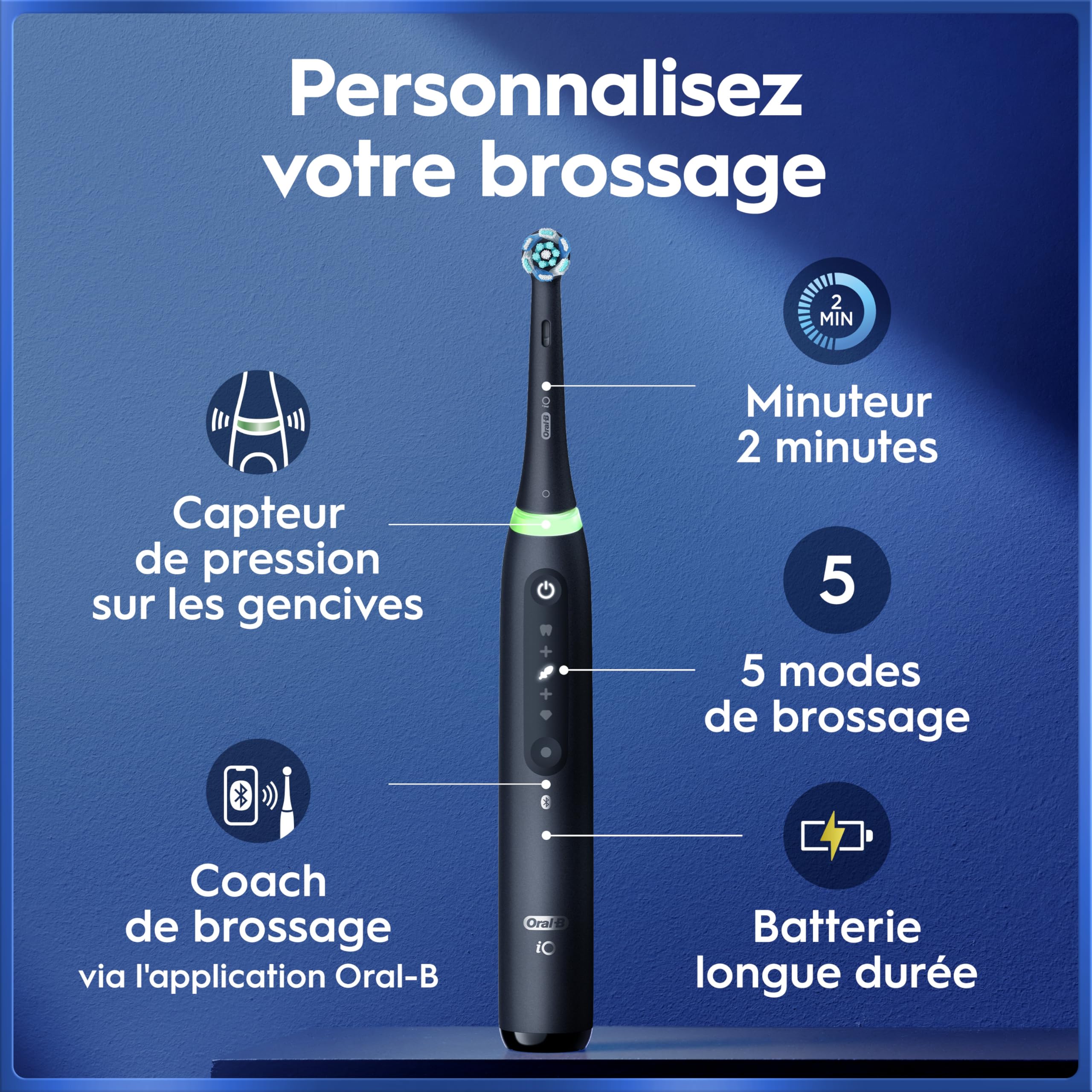 Oral-B Brosse à Dents Electrique iO 5, 3 Brossettes de Rechange, Noire – 5 Modes de Brossage dont Douceur et Blancheur, Capteur de Pression sur les Gencives et d’Usure, Batterie Rechargeable, Etui - 3