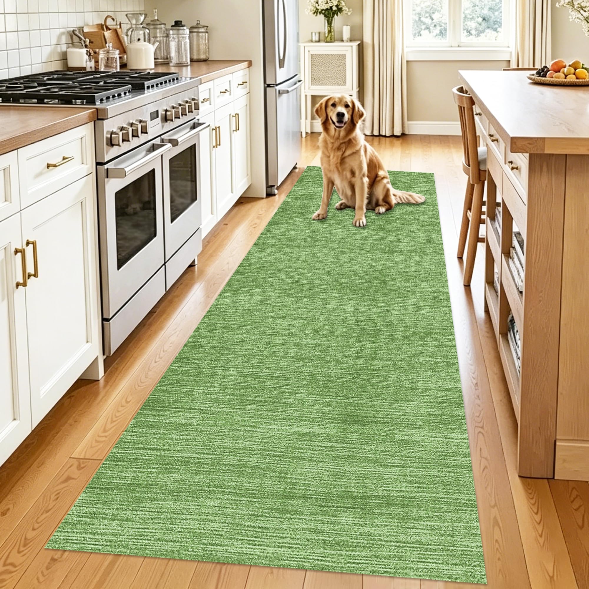 Alfombra verde de 80x180 cm lavable y antideslizante para pasillo