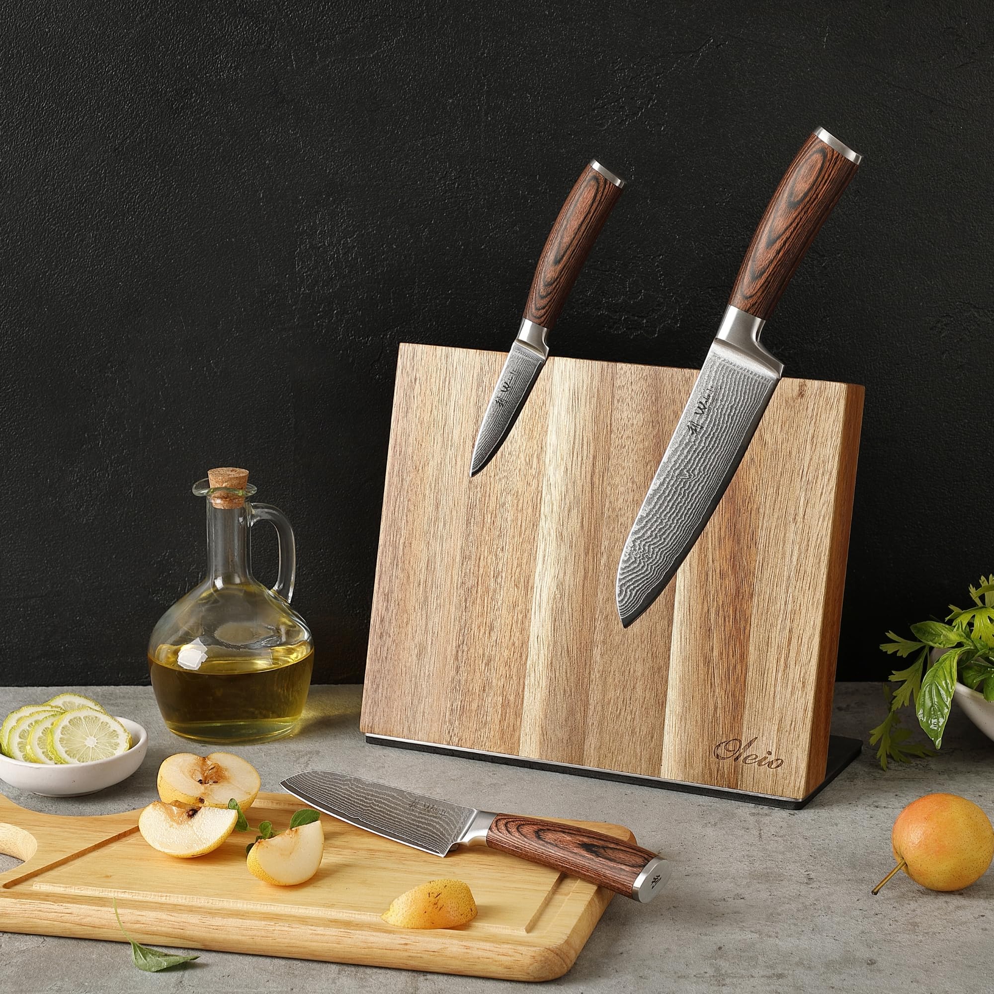 WAKOLI EDIB juego de 3 cuchillos de cocina de acero de damasco con núcleo VG10, hojas de 8,5 a 17 cm, 2 cuchillos Santoku y cuchillo de oficio, con bloque magnético de acacia y mangos de madera Pakka
