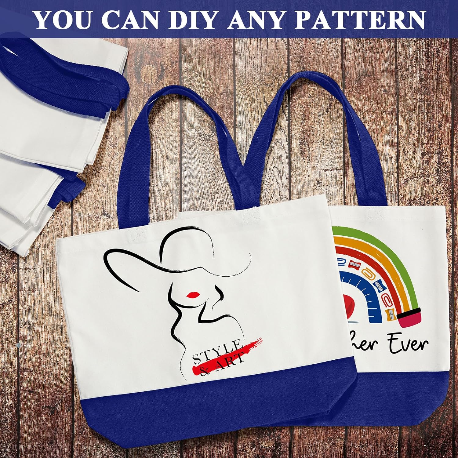 Weewooday 10 Pack Canvas Tote Bag Large Blank Reusable Grocery Bags with Handles DIY Cloth for Shopping Beach Travel(Navy Blue, White) - Image 6