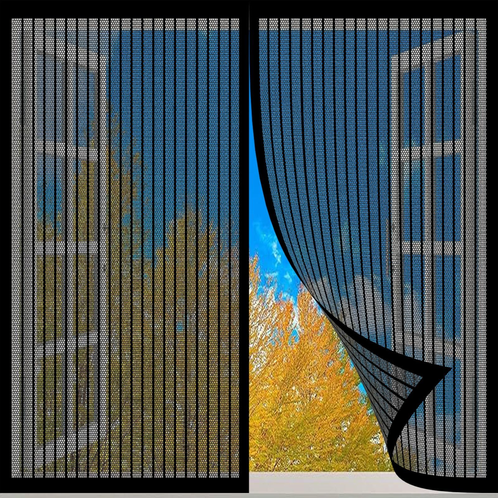Fly Screen Magnetic Screen Door 96 x 146 cm Shut Automatically Fly Curtains,Powerful Magnets Flyscreen Net, Reinforced Anti-Tearing Adjustable DIY Window Screen, for Living Room, Patio, Black