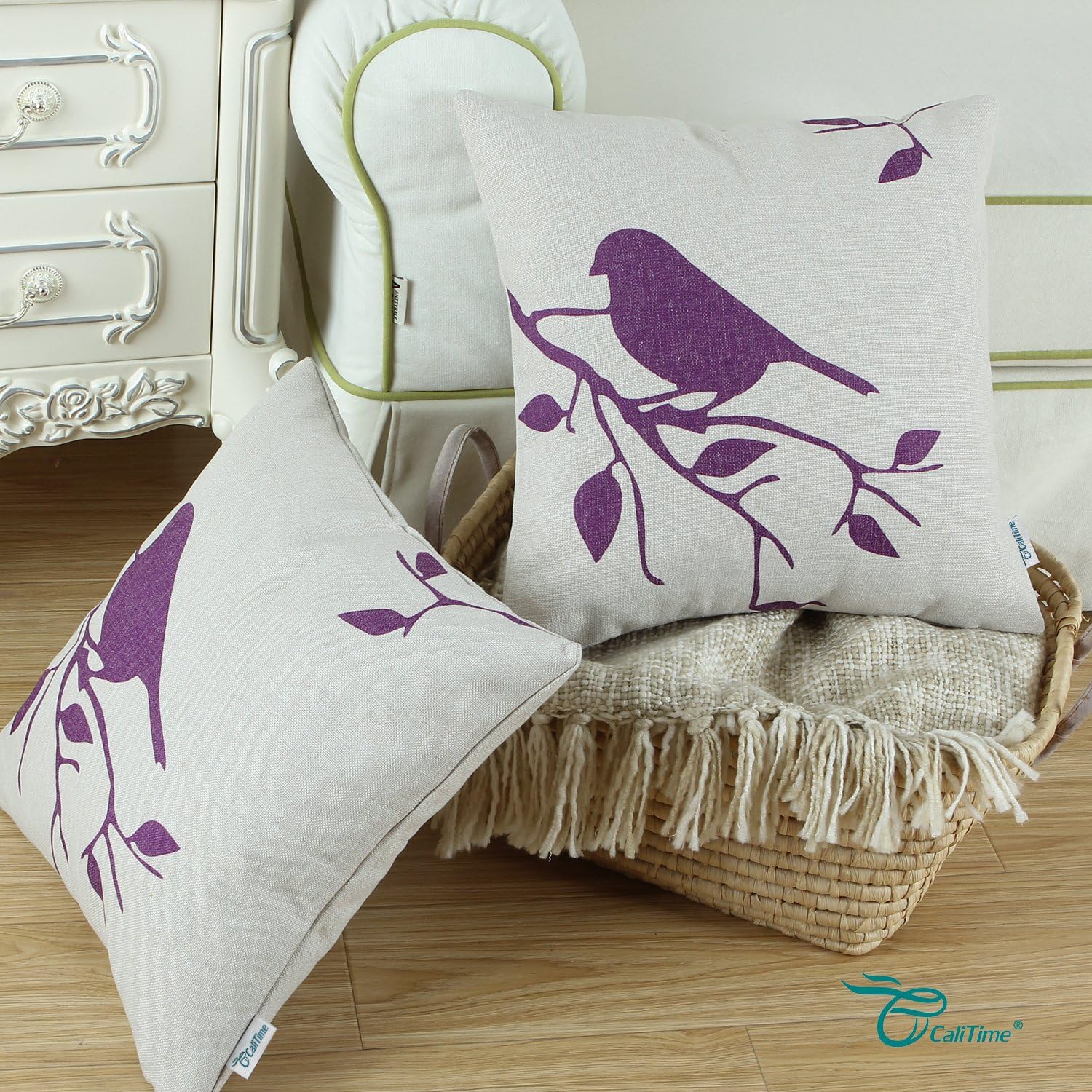 CaliTime Canvas Throw Pillow Cover Case for Couch Sofa Home Decoration Cute Bird Tree Branches Silhouette 18 X 18 Inches Purple
