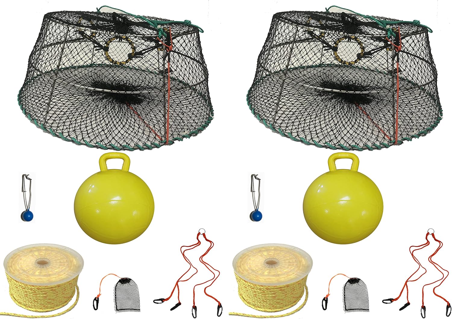 2-Pack of KUFA Sports Tower Style Prawn Trap(Stretched Mesh Size:1-1/8") with 400' Rope, Yellow Float, Bait Bag & Harness Combo