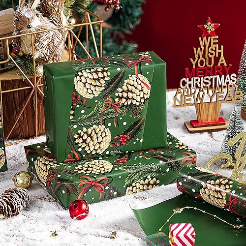 Vista 160 de WRAPAHOLIC Papel de regalo reversible de Navidad, mini rollo, 17 pulgadas x 33 pies, diseño de gnomo azul morado y cuadros con brillo metálico