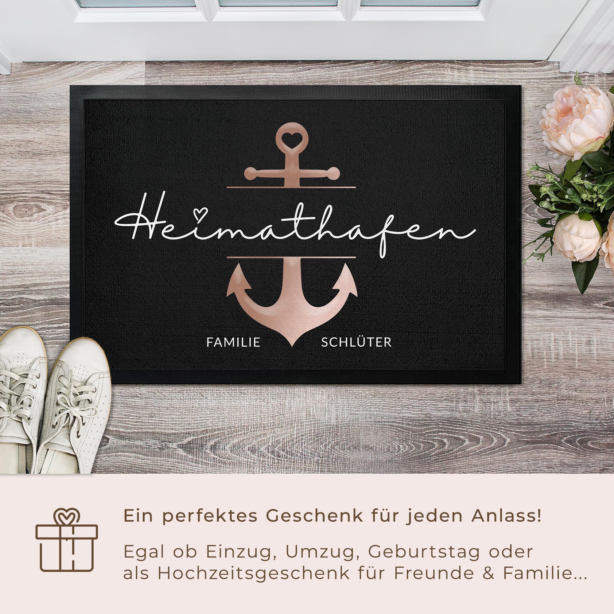 Fußmatte Personalisiert Heimathafen mit Name Vornamen Familienname bis 120cm | Türmatte innen außen personalisiert Anker | Geschenk zum Einzug, Hochzeit, Verlobung, Einweihung & Geburtstag (90x60cm)