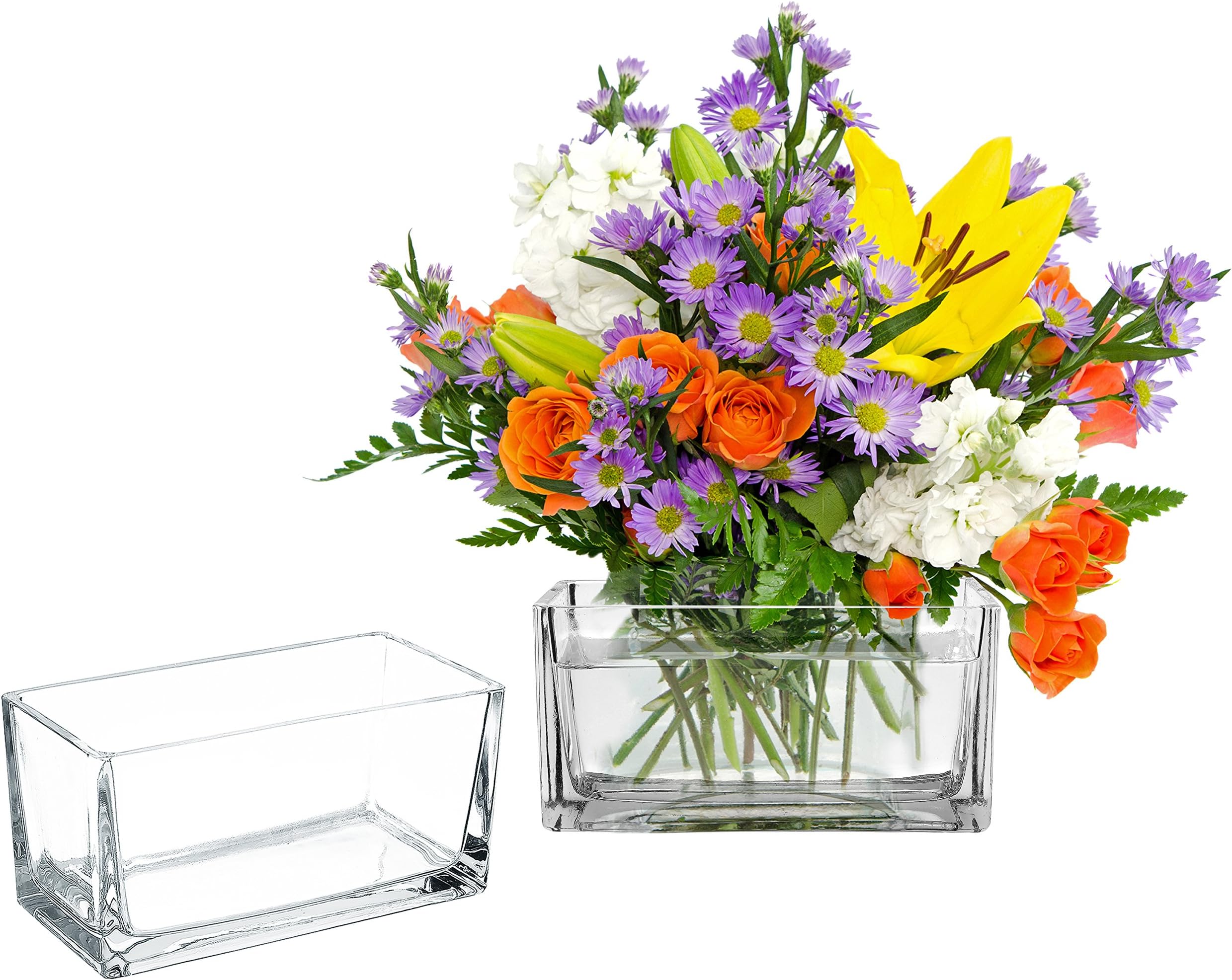 7.5 Inch Modern Clear Glass Rectangle Block Vase, Centerpiece for Wedding, Set of 2