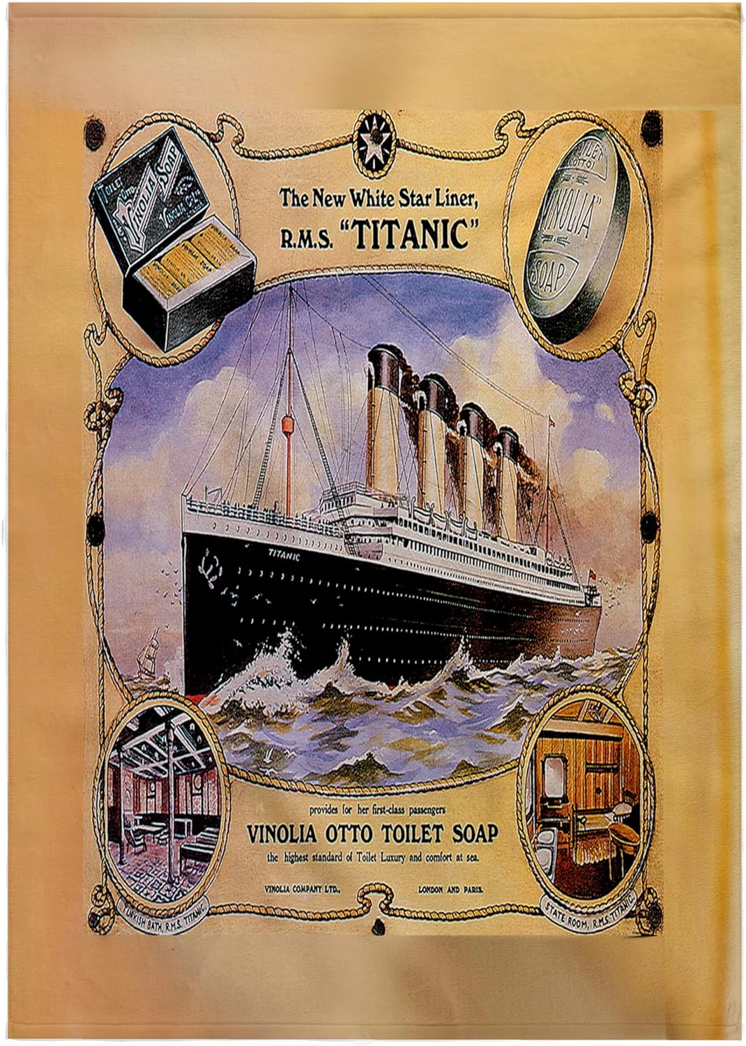 3dRose Vintage White Star Line Titanic Vinolia Otto Toilet Soap Advertising Poster 22x30 Bath Hand Pool Towel
