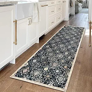 KILOCOCO 2x6 Runner Rug, Moroccan Super Soft Washable Hallway Runner Rug, Accent Print Faux Wool Kitchen Runner Rug 6 Feet Non-Slip Rug Runners for Laundry Room Bedroom, Black/Navy Blue/Multi
