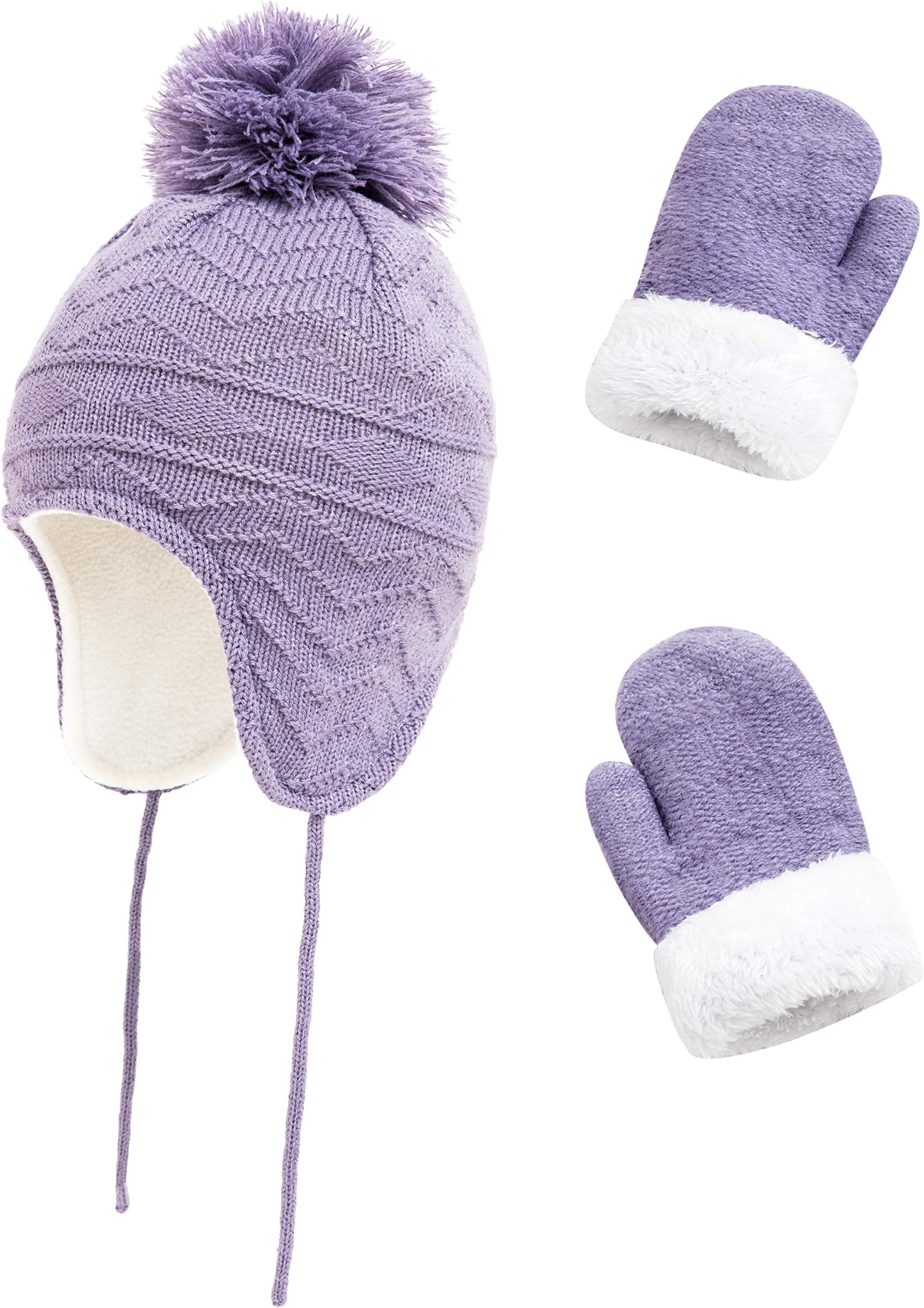 PATRI LI Toddler Boys Girls Fleece Lined Knit Kids Hat with Earflap Winter Hats Gloves