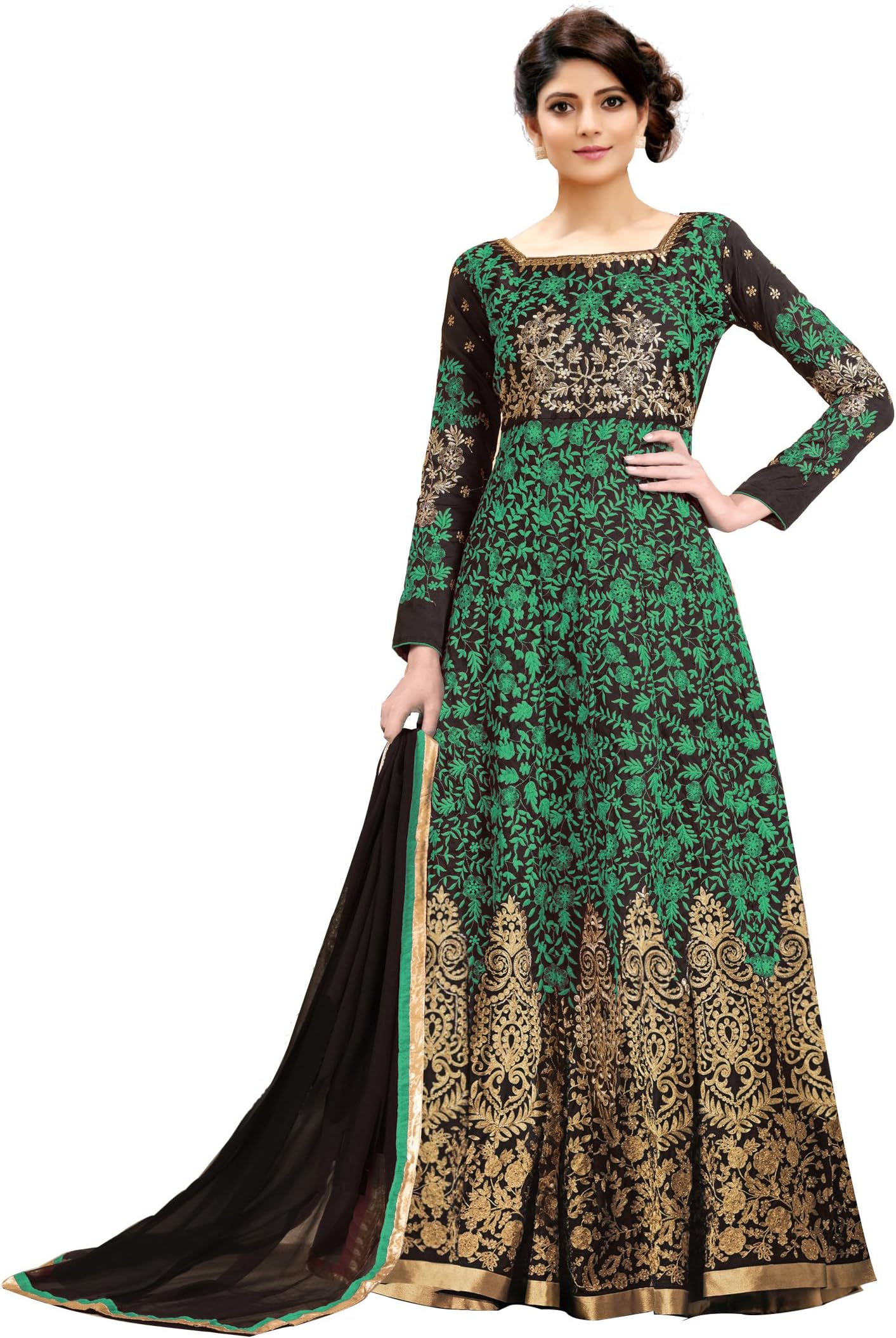 Siddeshwary Fab Women's Taffeta Silk Anarkali Gown Dress Material (Green Free Size_semi stitched)