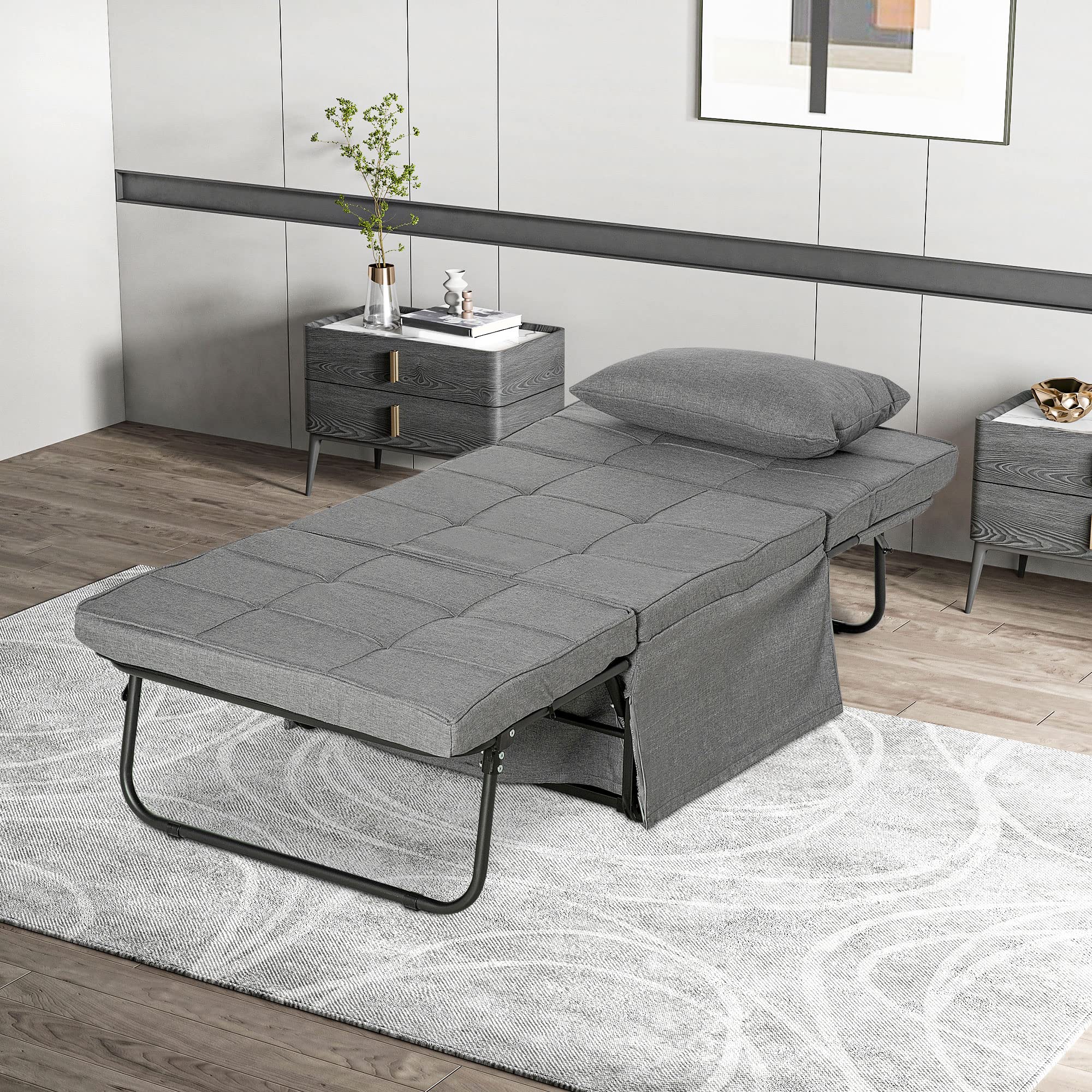 HOMCOM Pouf Letto Pieghevole Multiuso 4 in 1, Brandina Chaise Longue Salvaspazio con Schienale Reclinabile a 5 Livelli, Grigio