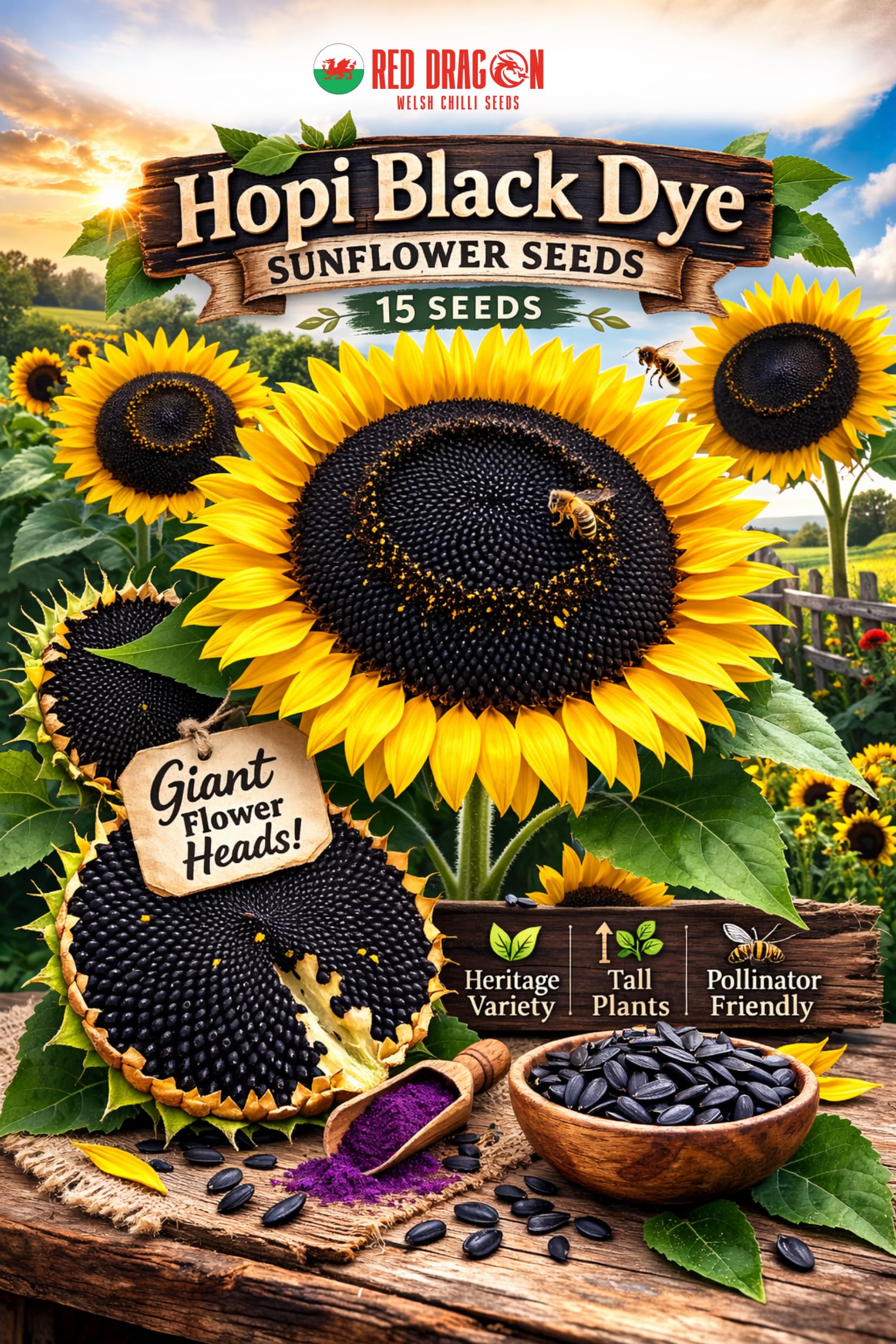 Hopi Black Dye Sunflower Seeds | Yellow Petals & Dark Purple Shelled Seeds | Traditional Hopi Heirloom | Tall 7–11ft Plants with Massive Black Centers