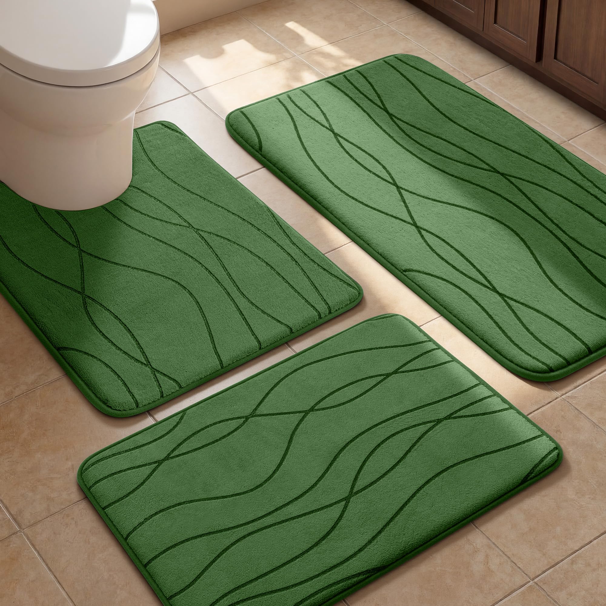 YIHOUSE Bathroom Rugs Set 3 Piece, Memory Foam Bath Mat Green