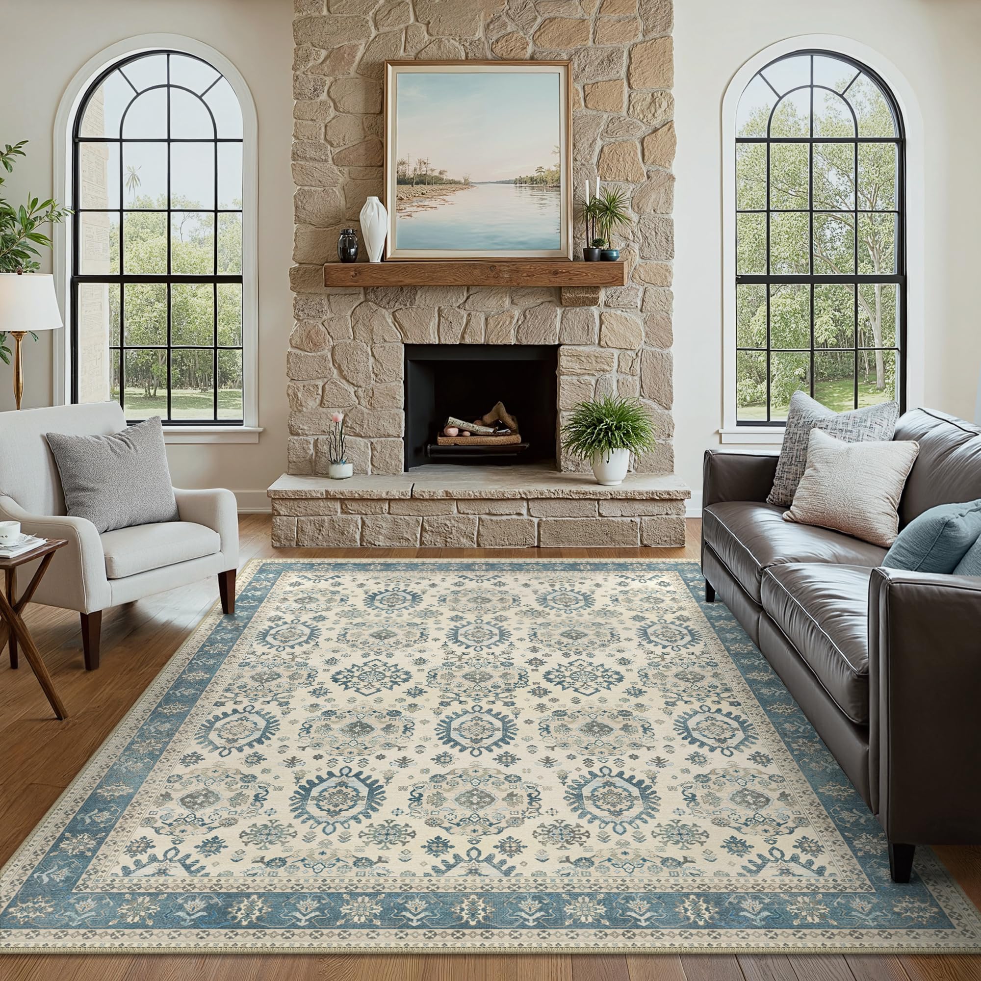 5x7 Area Rug Machine Washable Boho Rug for Living Room,Ultra-Thin Low Pile Carpet,Lightweight Indoor Printed Rug,Non Slip Floral Area Rug for Bedroom,