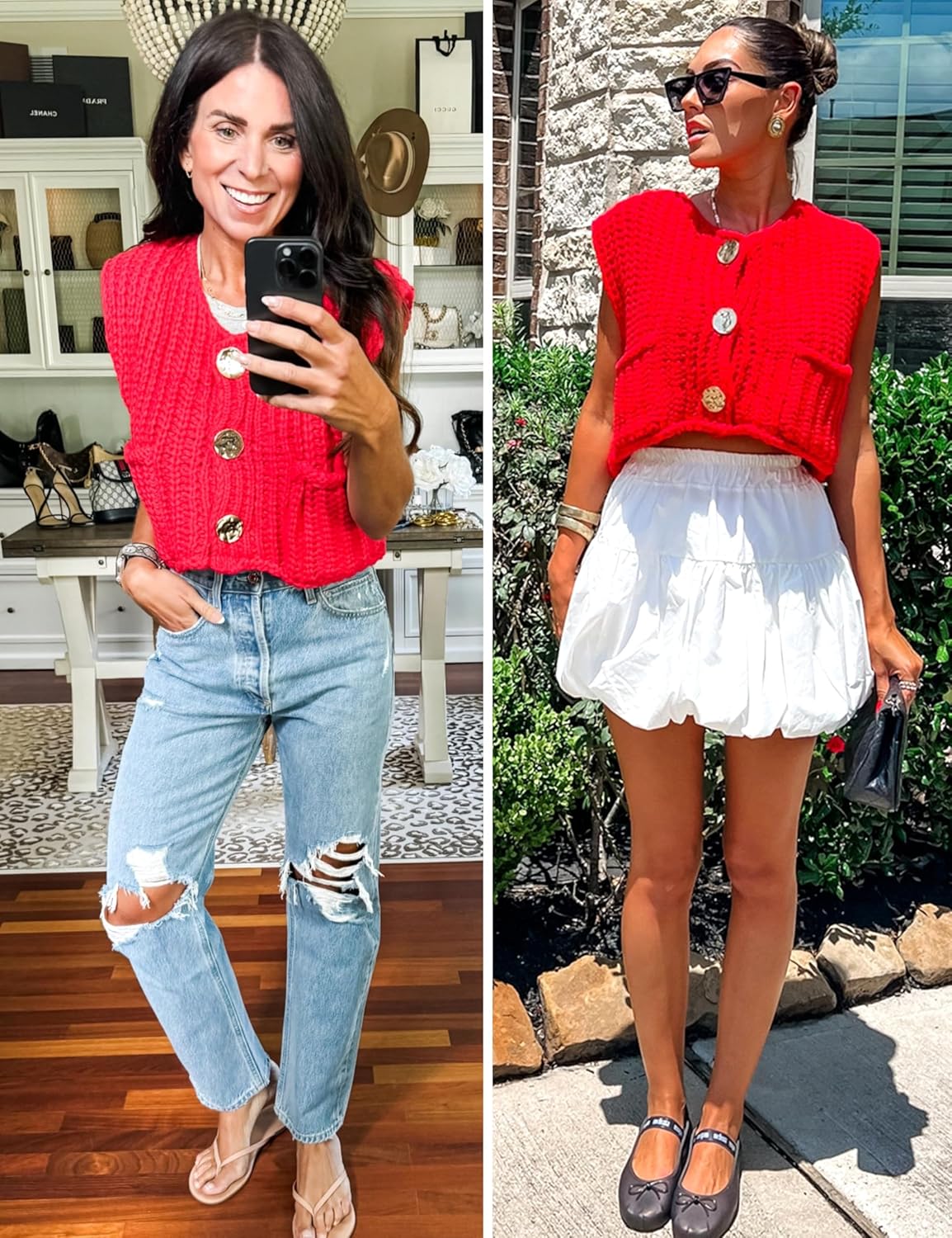 Womens Casual Chunky Knit Vest Gold Button Down Crop Crochet Sleeveless Sweater Vest - Image 6