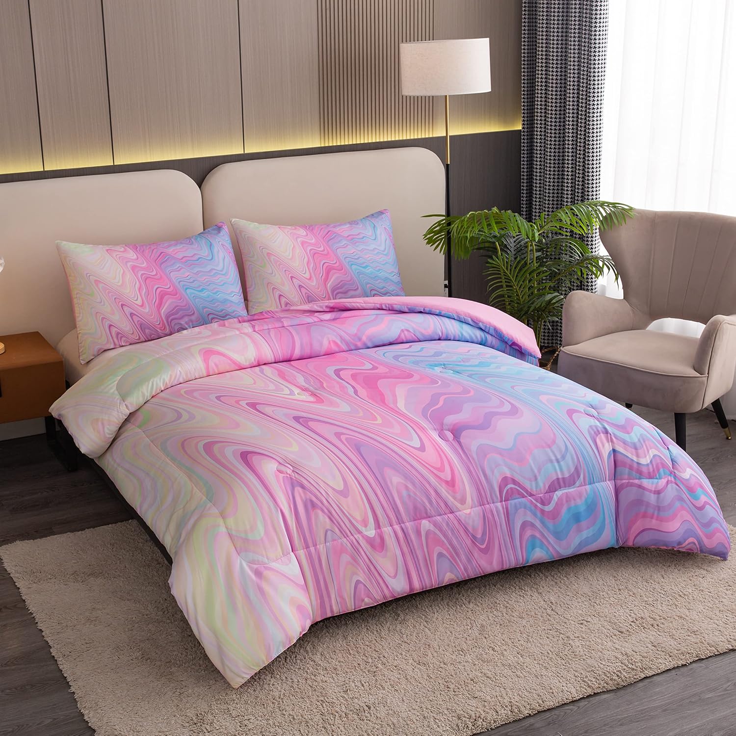 Bodhi Pink Comforter Set, Girls Bed in A Bag, Tie Dye Kids Bedding Set, 5 PCS (1 Comforter, 1 Flat Sheet, 1 Fitted Sheet, 2 Pillowcases) - Image 3
