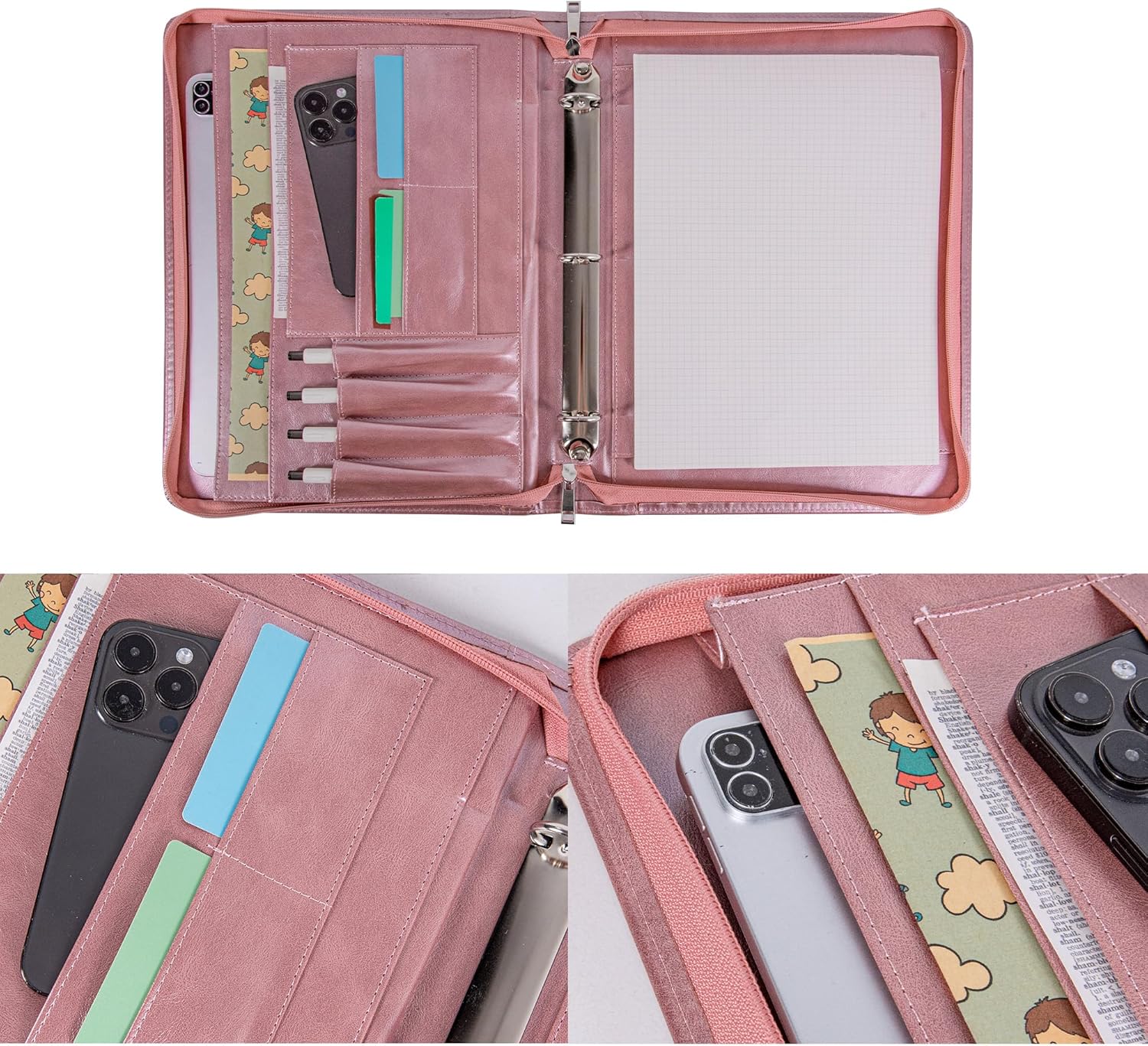 Planner Binder,Padfolio for Women,Leather Binder 3 Ring, A4 Binder Planner with Laptop Pocket,Legal Size Portfolio Organizer,Business Portfolio for Women,Rose Gold