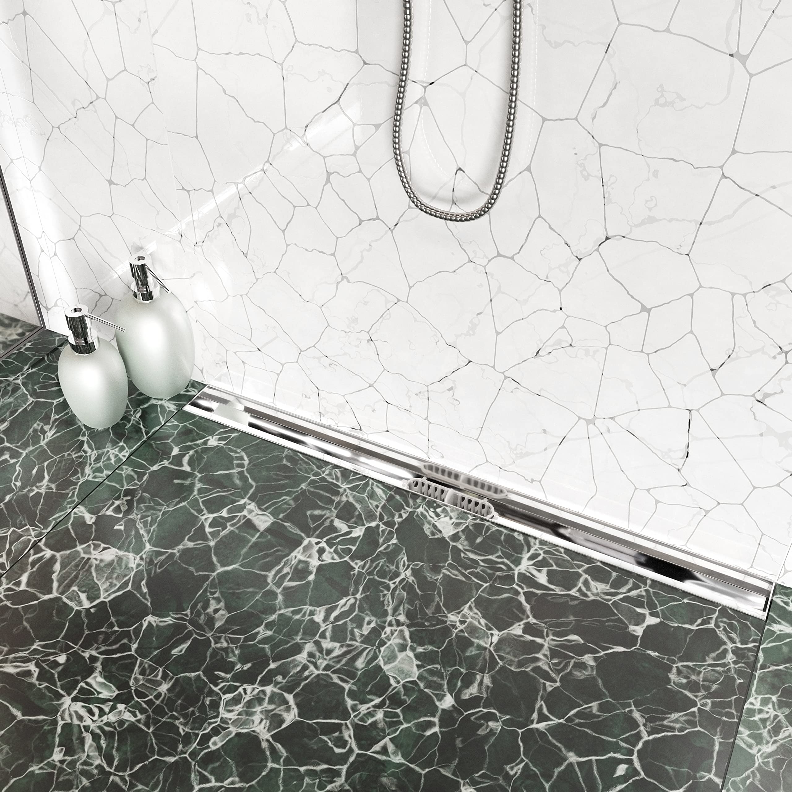 Aquabad® Caniveau de douche en acier inox - Slim Wall Premium | avec raccordement mural | L: 60 cm | Avec couvercle: cuvette à carreler, filtre-cheveux, y compris : Advantix Vario siphon