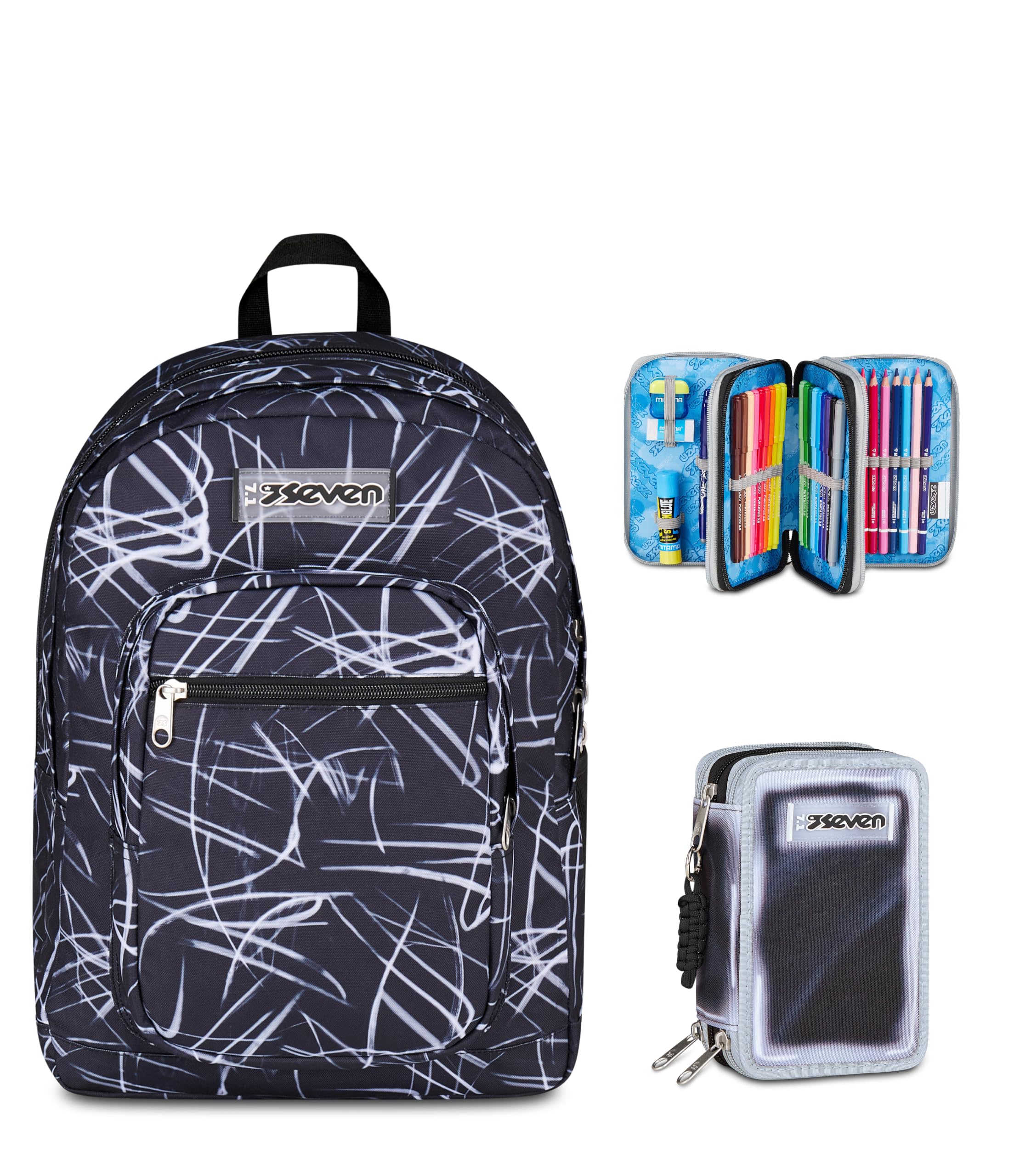 Seven Zaino Scuola FREETHINK, Doppio Scomparto, Nero, 34 L, Bambini, Ragazzi + Astuccio 3 zip SHADOWS OF COLOR, Nero,45 pezzi, Scuola elementare e media