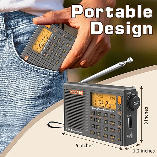 Miniatura 2 de XHDATA R108 Radio portátil AM/FM/SW/LW/Airband Receptor de radio de onda corta con batería con buena recepción, gran altavoz de sonido estéreo