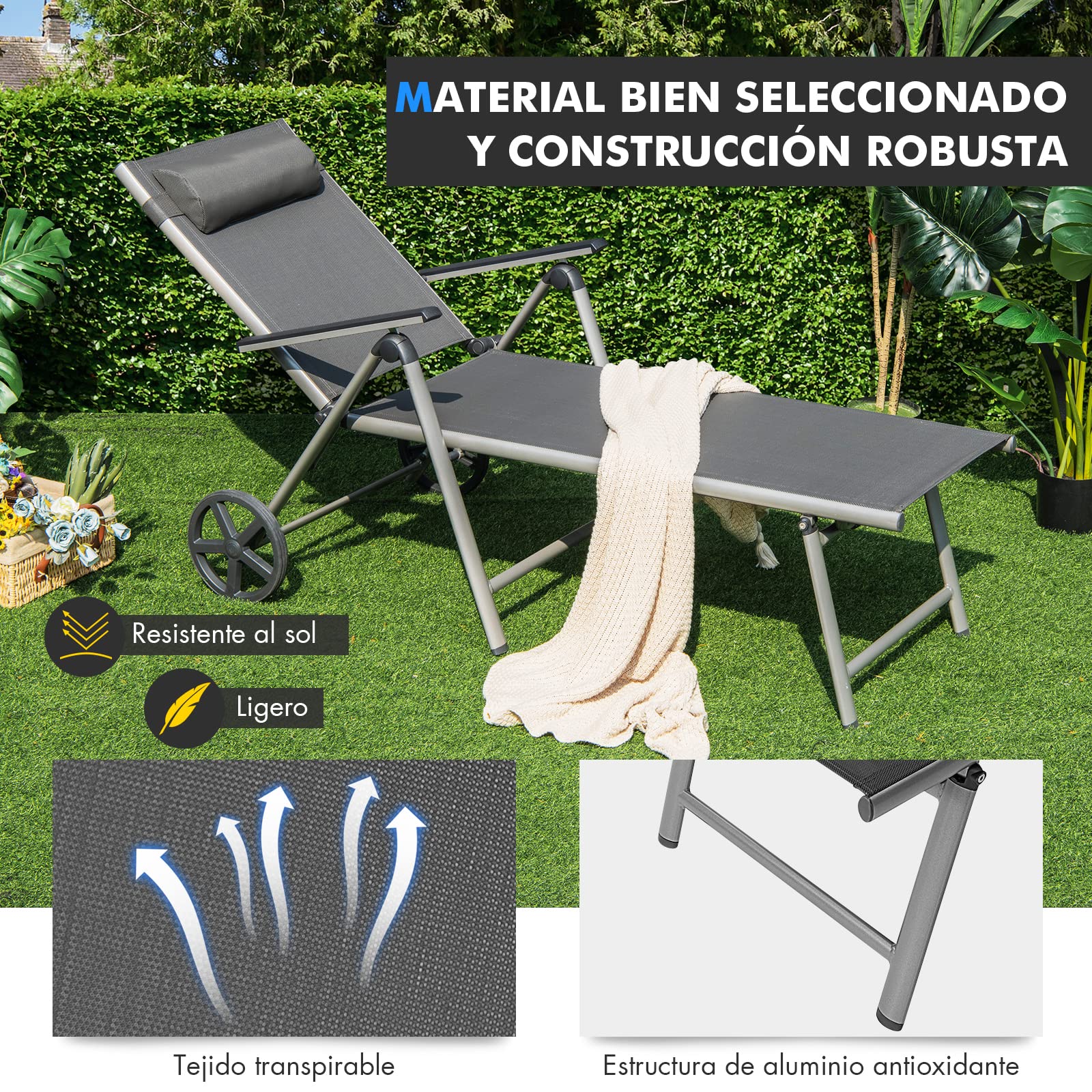 COSTWAY Tumbona Jardín Ruedas, Respaldo Ajustable 7 Posiciones (1)