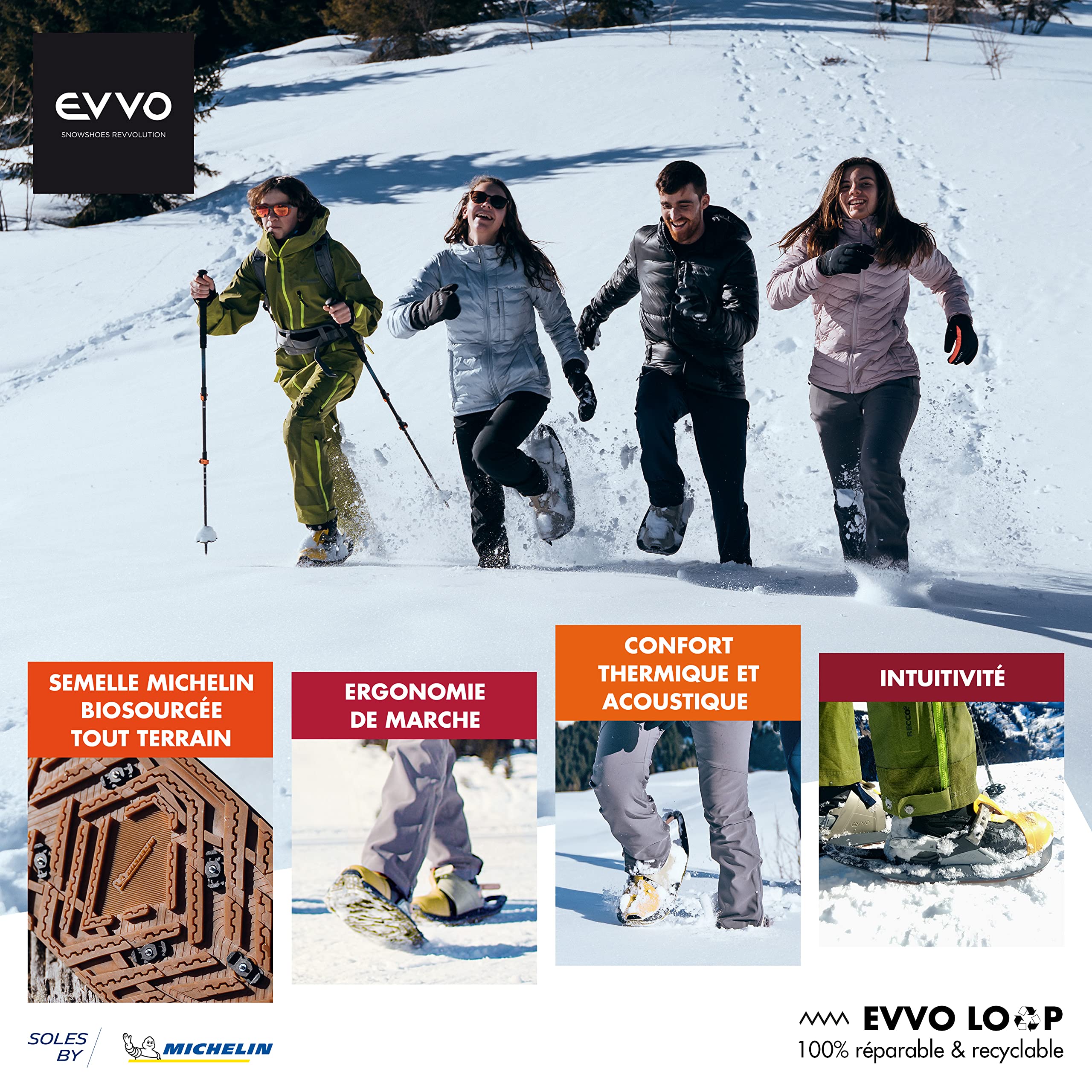 EVVO - TOREE - Raquette à Neige Made in France avec Semelles Biosourced90® Cloutées Michelin®, Fixations Réglables, pour Homme et Femme avec Sac de Transport Inclus, Tout Terrain, Randonnée Neige