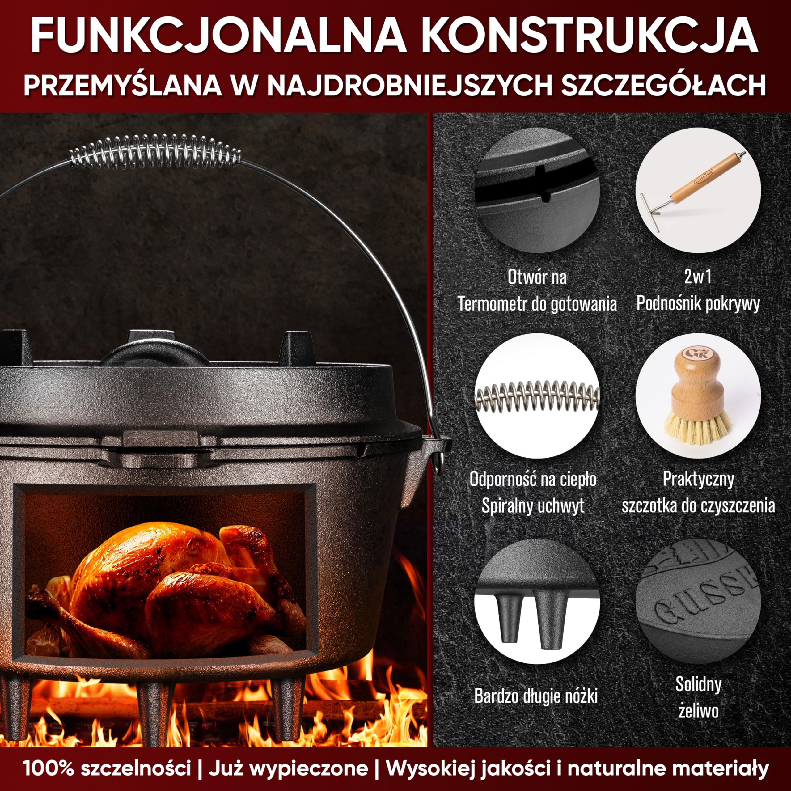 Gusskönig Dutch Oven 7 litrów żeliwny garnek z nóżkami zestaw z podnośnikiem
