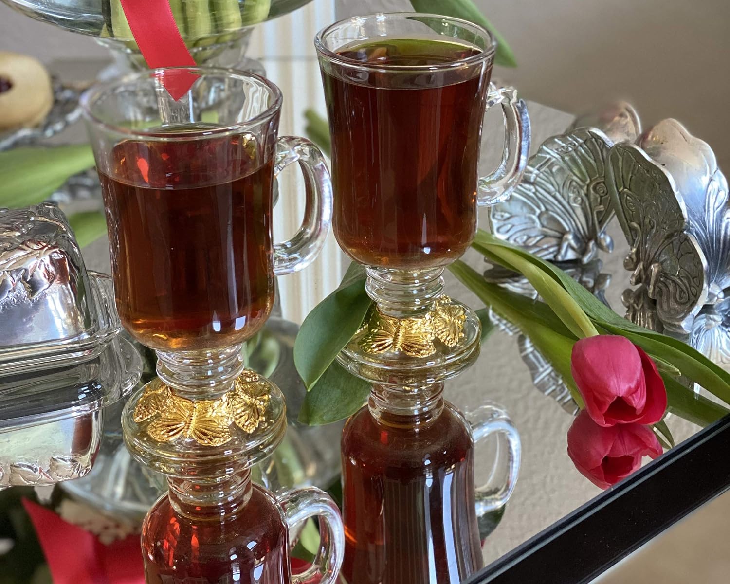 Arthur Court Designs Glass Beverage Mugs with Gold Plated Butterfly Ring
