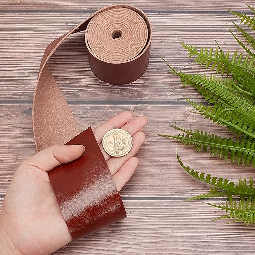 Miniatura 3 de GORGECRAFT Correa de cuero marrón de 2 pulgadas de ancho y 79 pulgadas de largo con patrón de lichi, cordón plano de una sola cara para