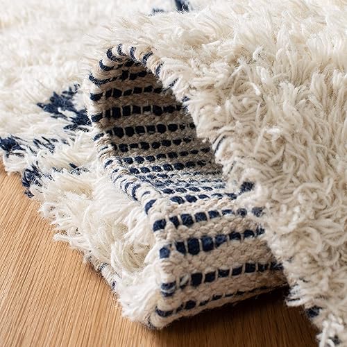 Miniatura 5 de SAFAVIEH Casablanca Collection - Alfombra de área de 5 x 8 pies, marfil y azul marino, hecha a mano, medallón marroquí con borlas, 1.2 pulgadas de