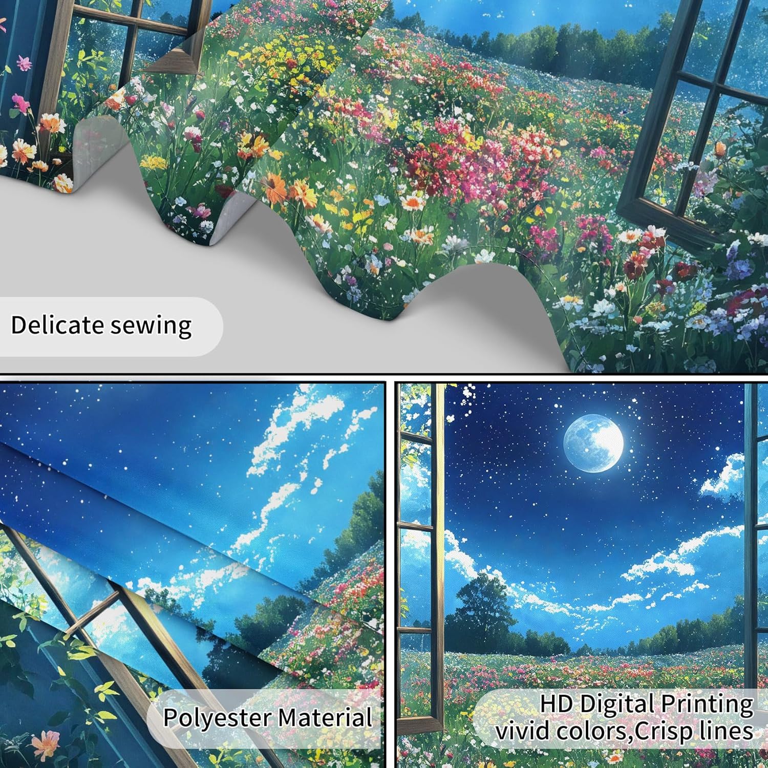 LB Wildflower Moon Tapestry, Green Plant Outside Window and Colorful Floral Wall Tapestry for Bedroom, Garden Wall Art for Living Room Dorm Home Decor Ready to Hanging, 92.5 x 70.9 Inches